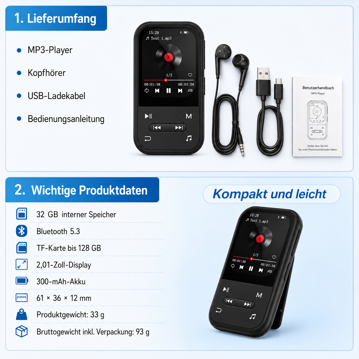Ein MP3-Player-Set mit Kopfhörern, USB-Kabel und Handbuch sowie Produktspezifikationen.