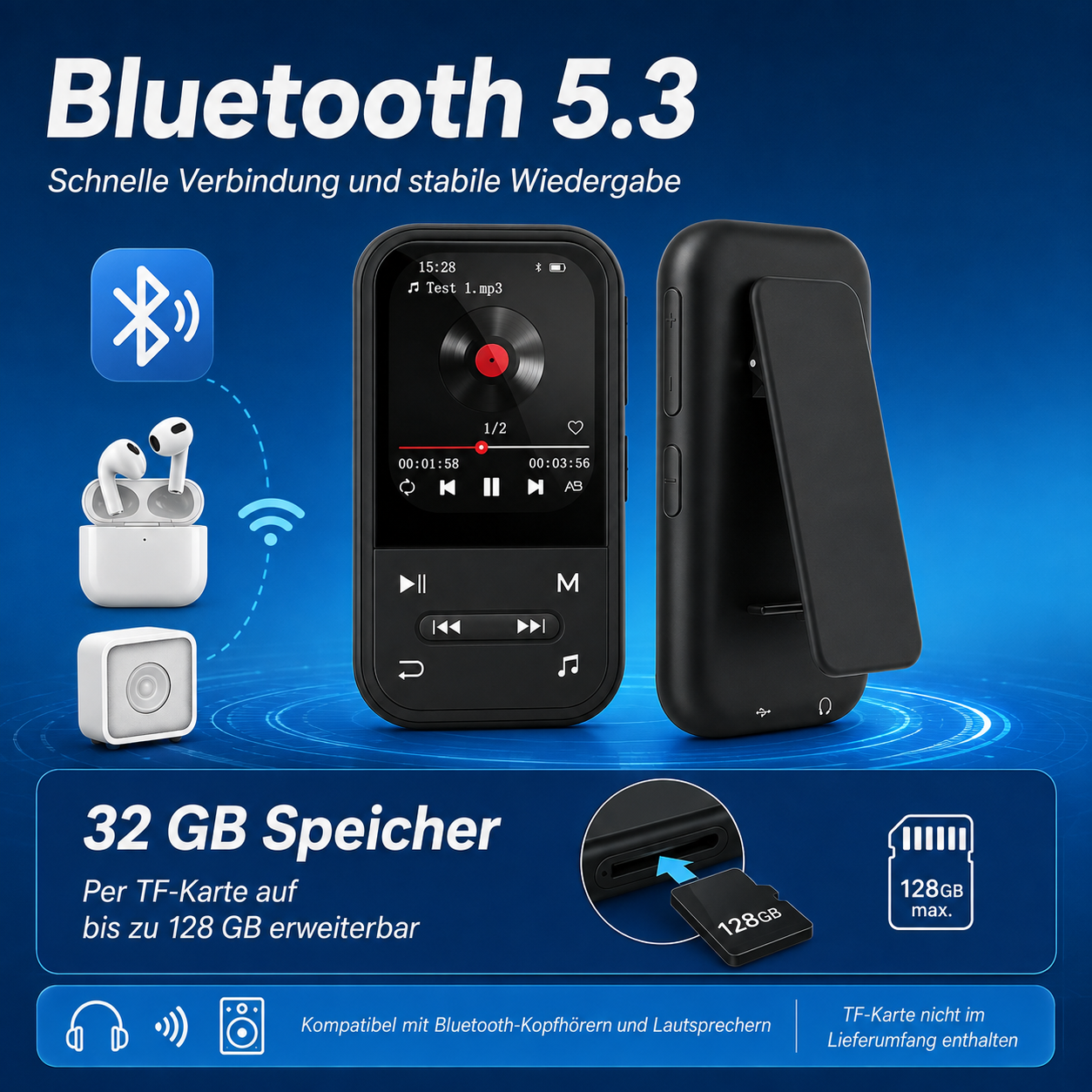 Schwarzer MP3-Player mit Bluetooth 5.3, 32 GB Speicher und erweiterbar bis 128 GB.