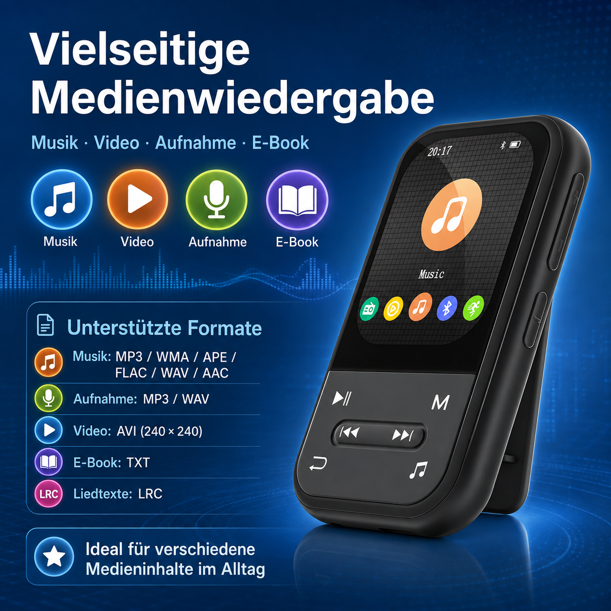 Ein schwarzer tragbarer Mediaplayer wird neben Funktionssymbolen und Text auf blauem Hintergrund angezeigt.