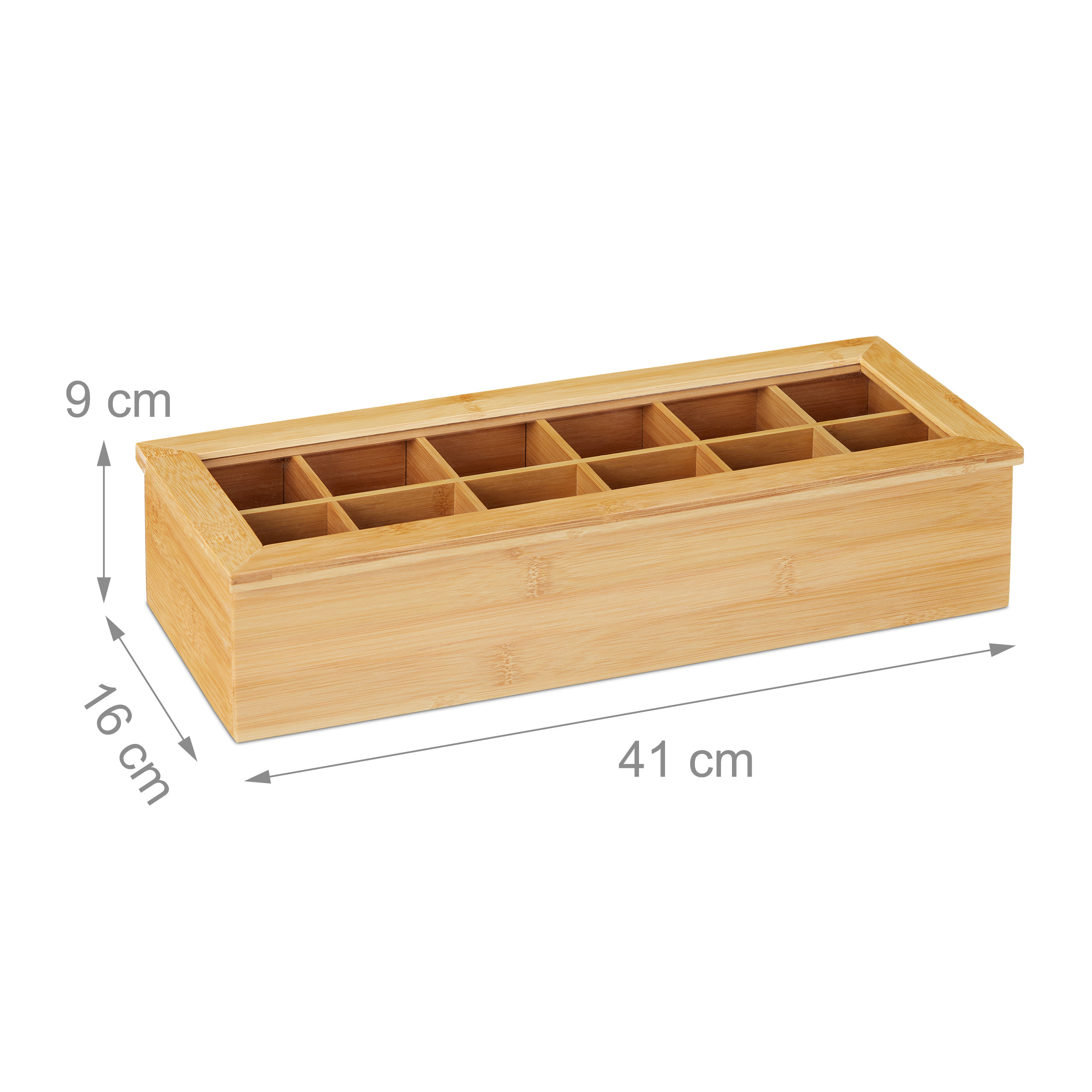 Rechteckige Teebox aus Bambus mit 12 Fächern und Maßen 41x16x9 cm.