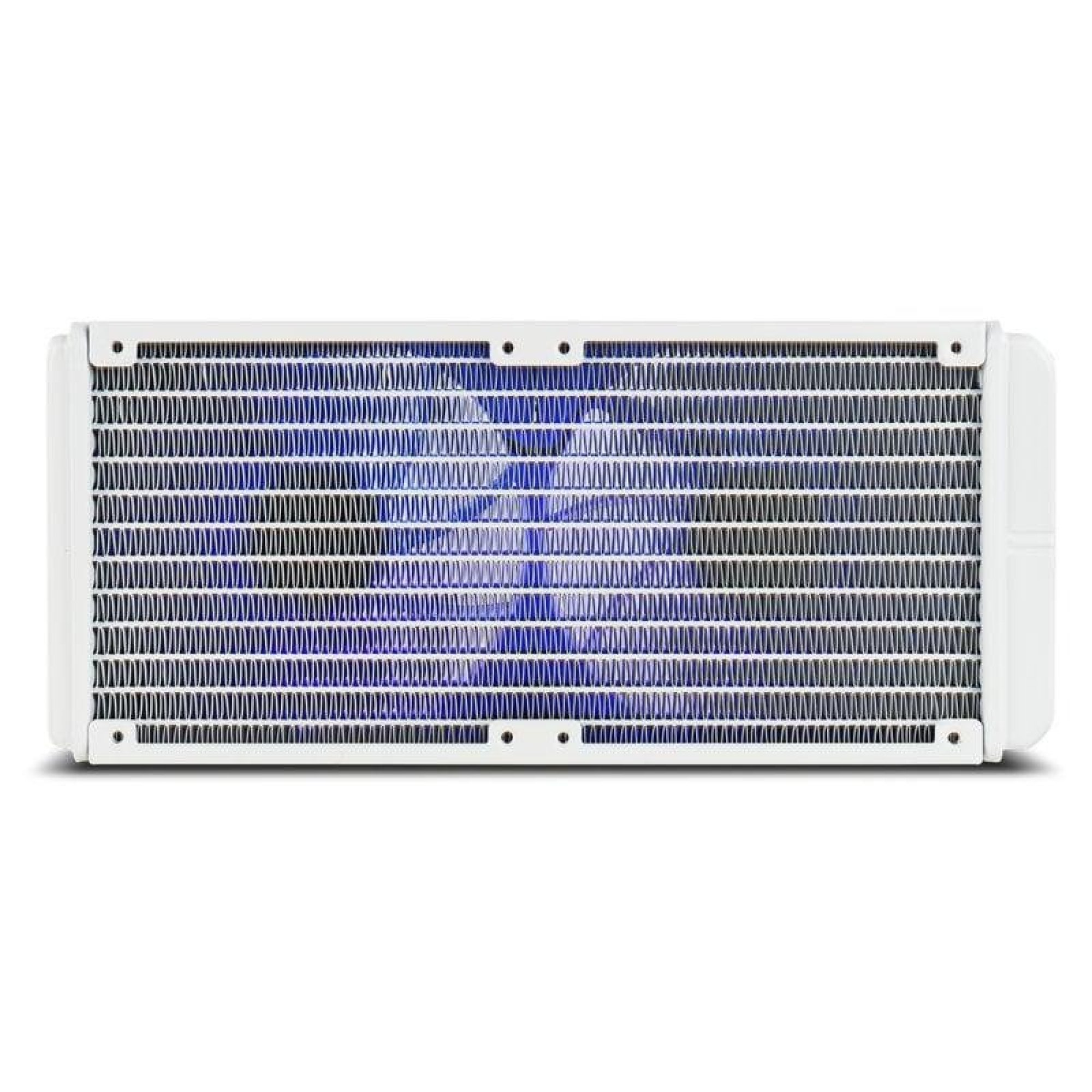 Un radiatore di raffreddamento a liquido bianco con alette blu su sfondo bianco.