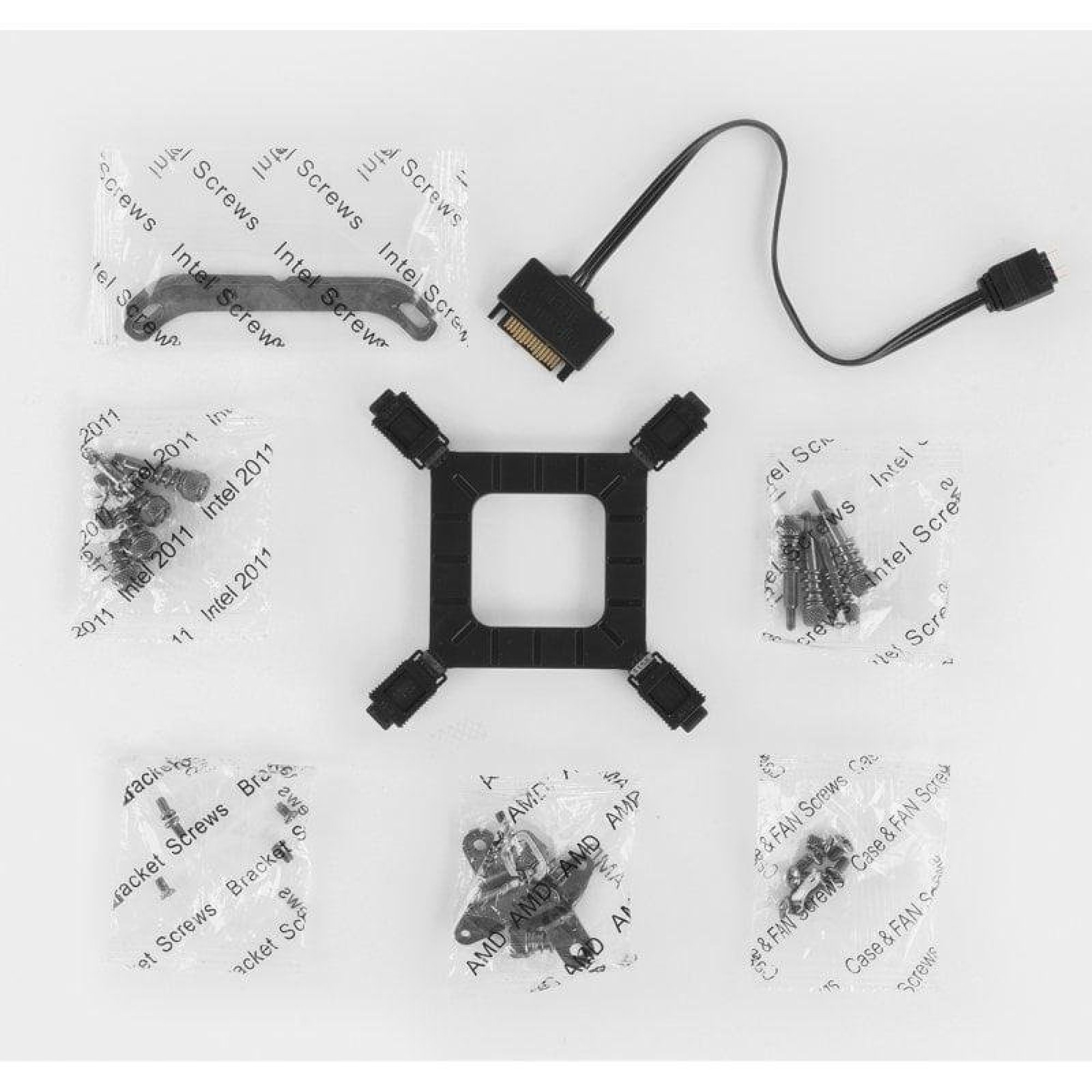 Kit di montaggio per dissipatore CPU con staffe, viti e cavi su sfondo bianco.