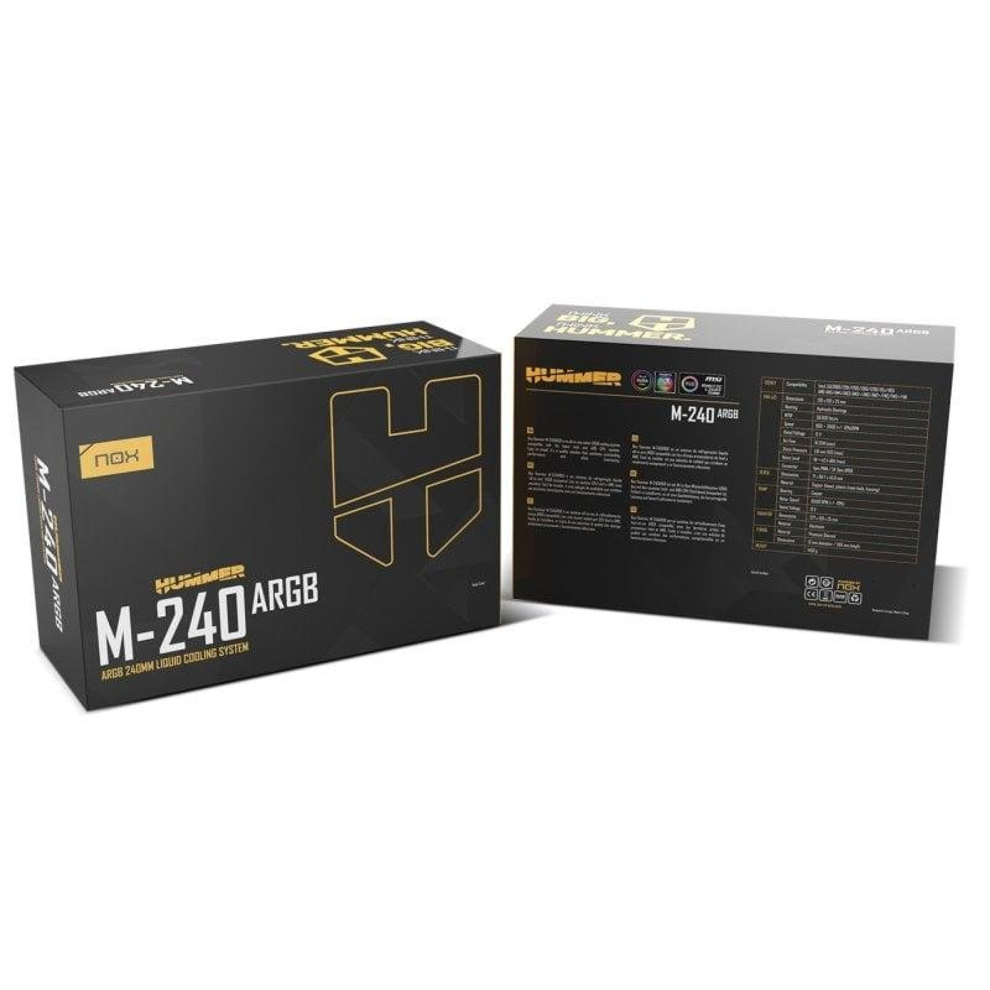 Due scatole nere per il sistema di raffreddamento a liquido Hummer M-240 ARGB con dettagli gialli e specifiche.