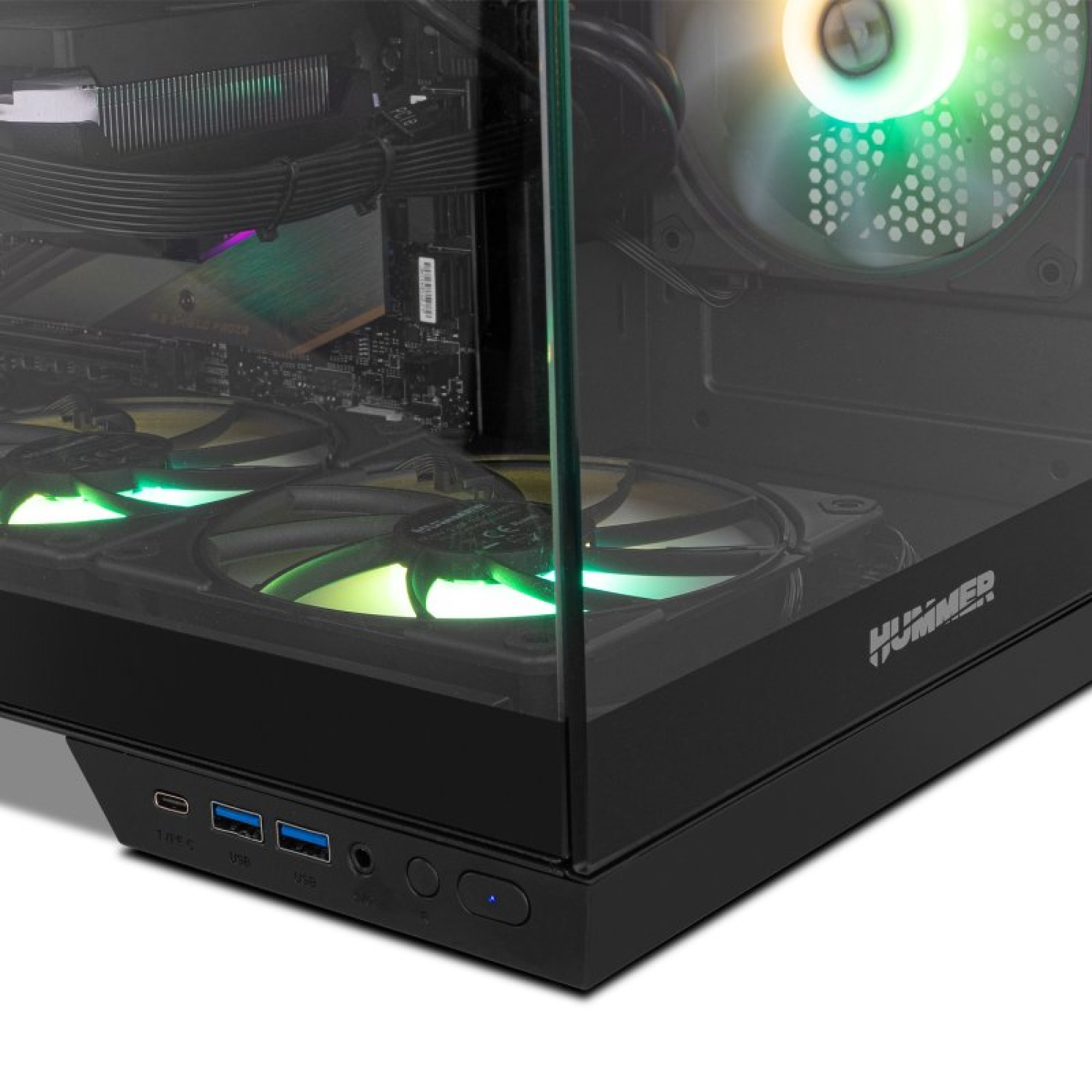 Un case per computer con ventole RGB e porte frontali.