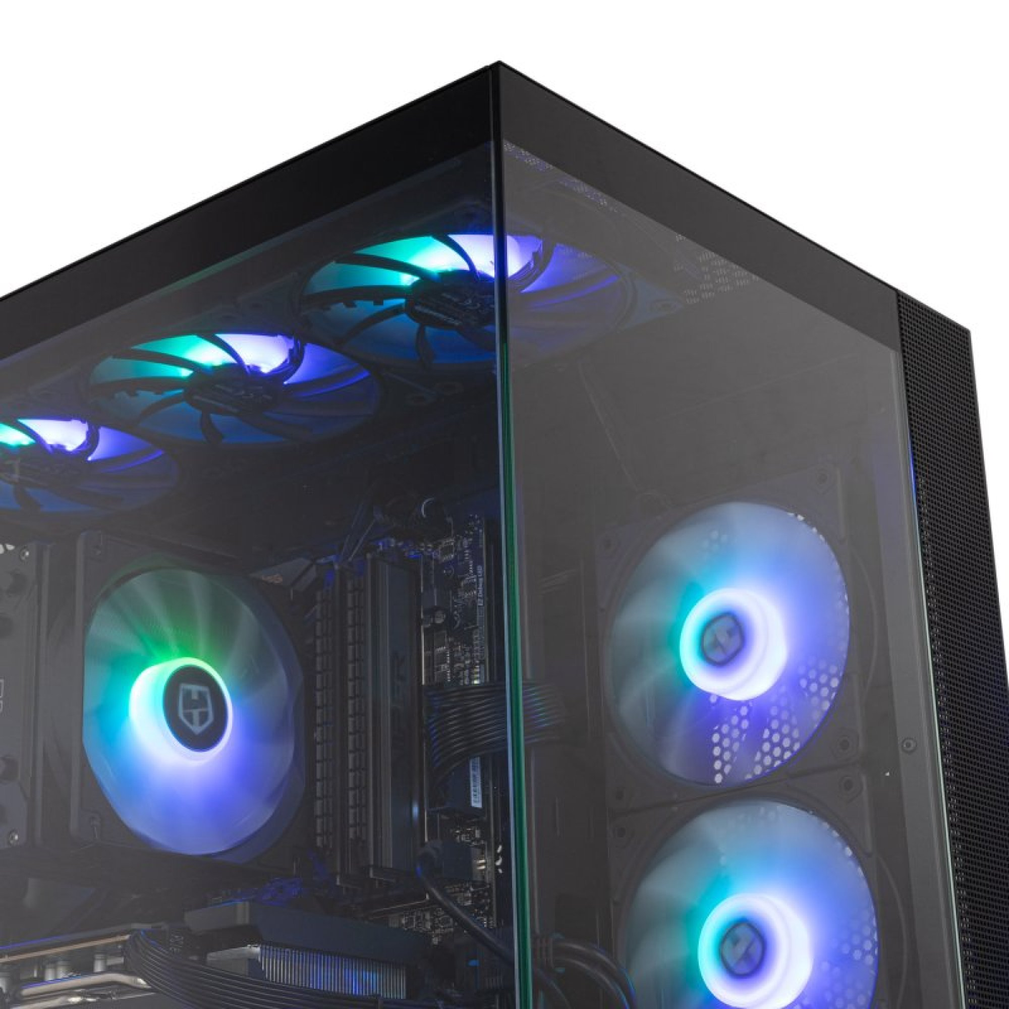 Case PC nero con frontale in vetro, ventole RGB illuminate e componenti interni.