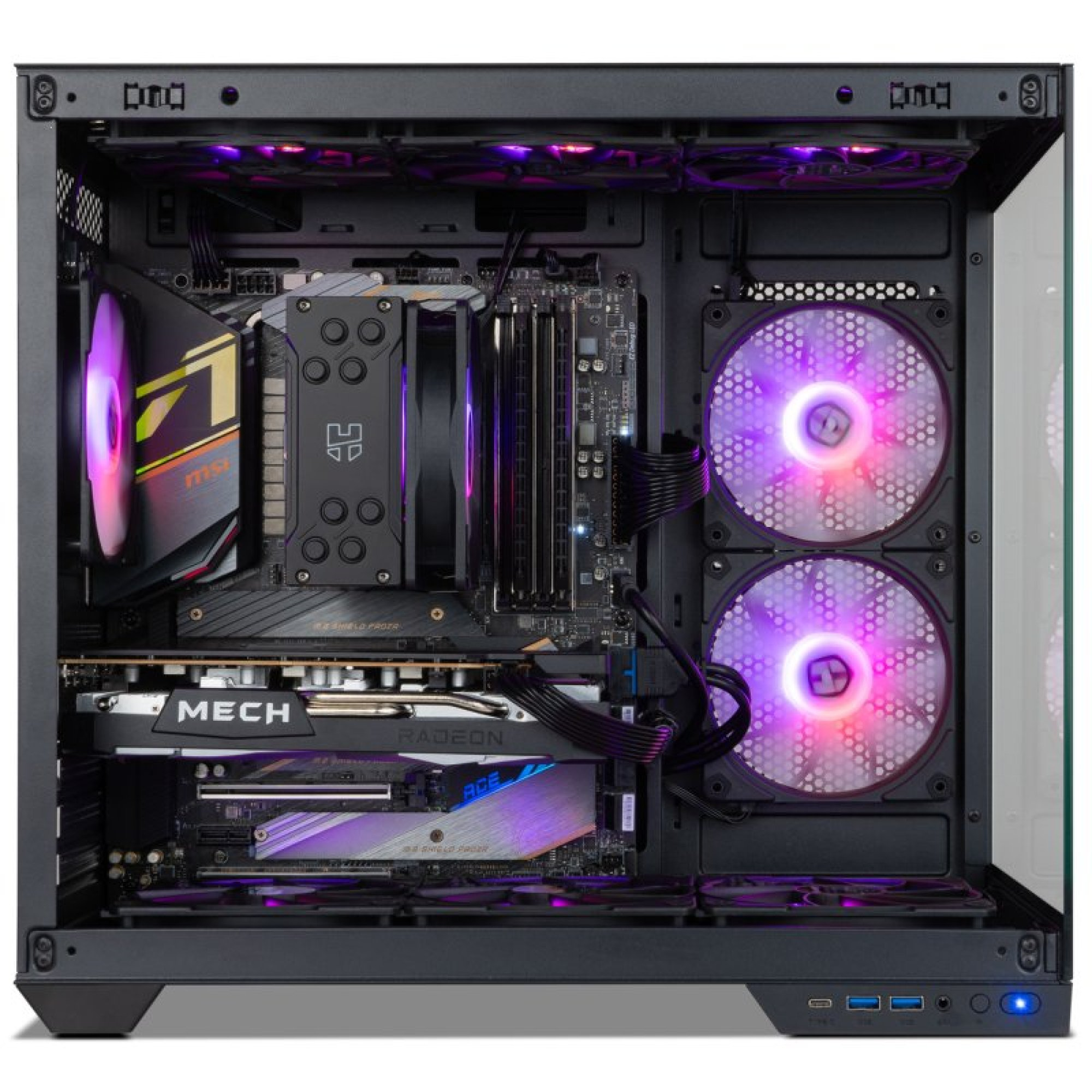 Un case per PC aperto con ventole RGB colorate illuminate, una scheda grafica e una scheda madre visibili.