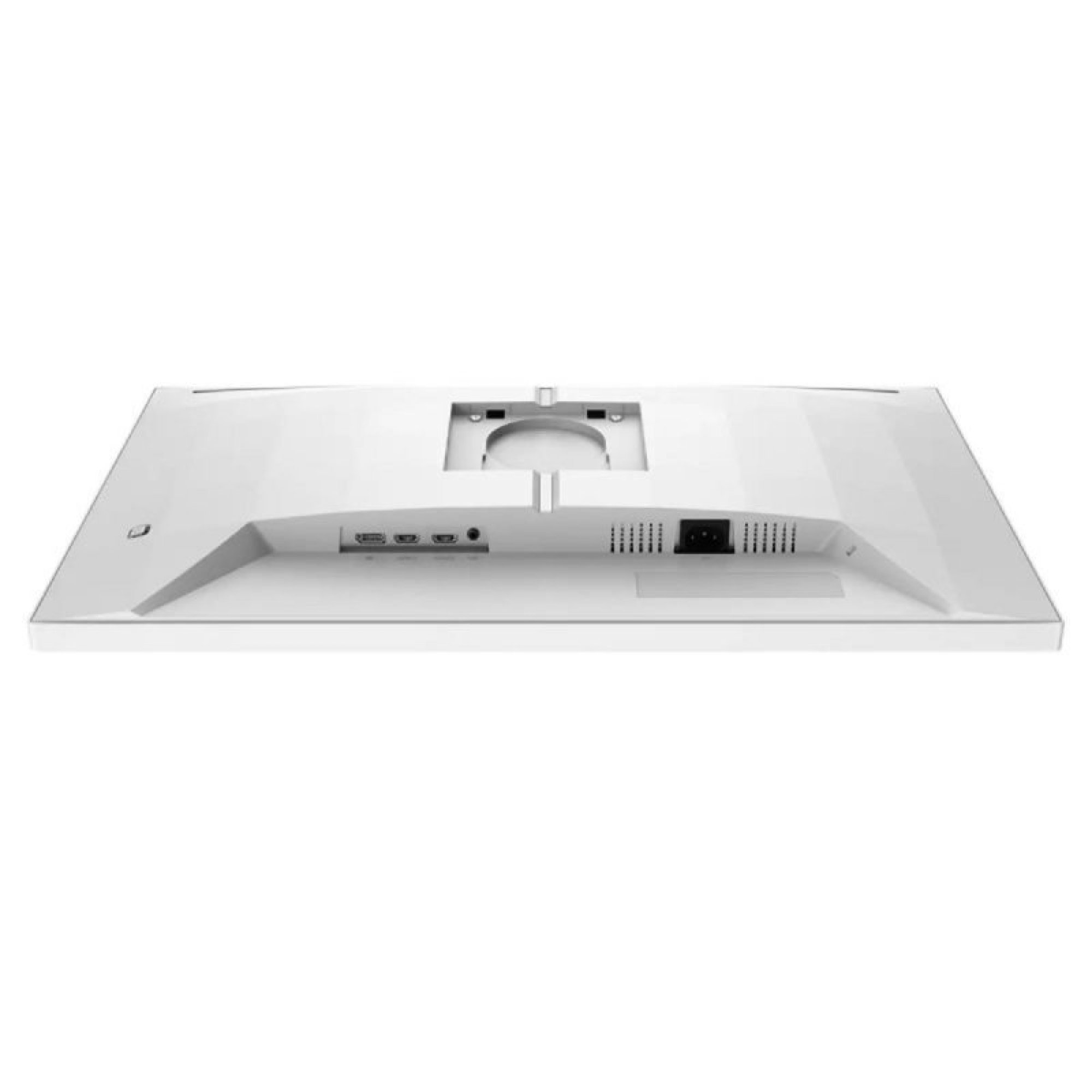 Retro di un monitor bianco con varie porte e un supporto VESA centrale.