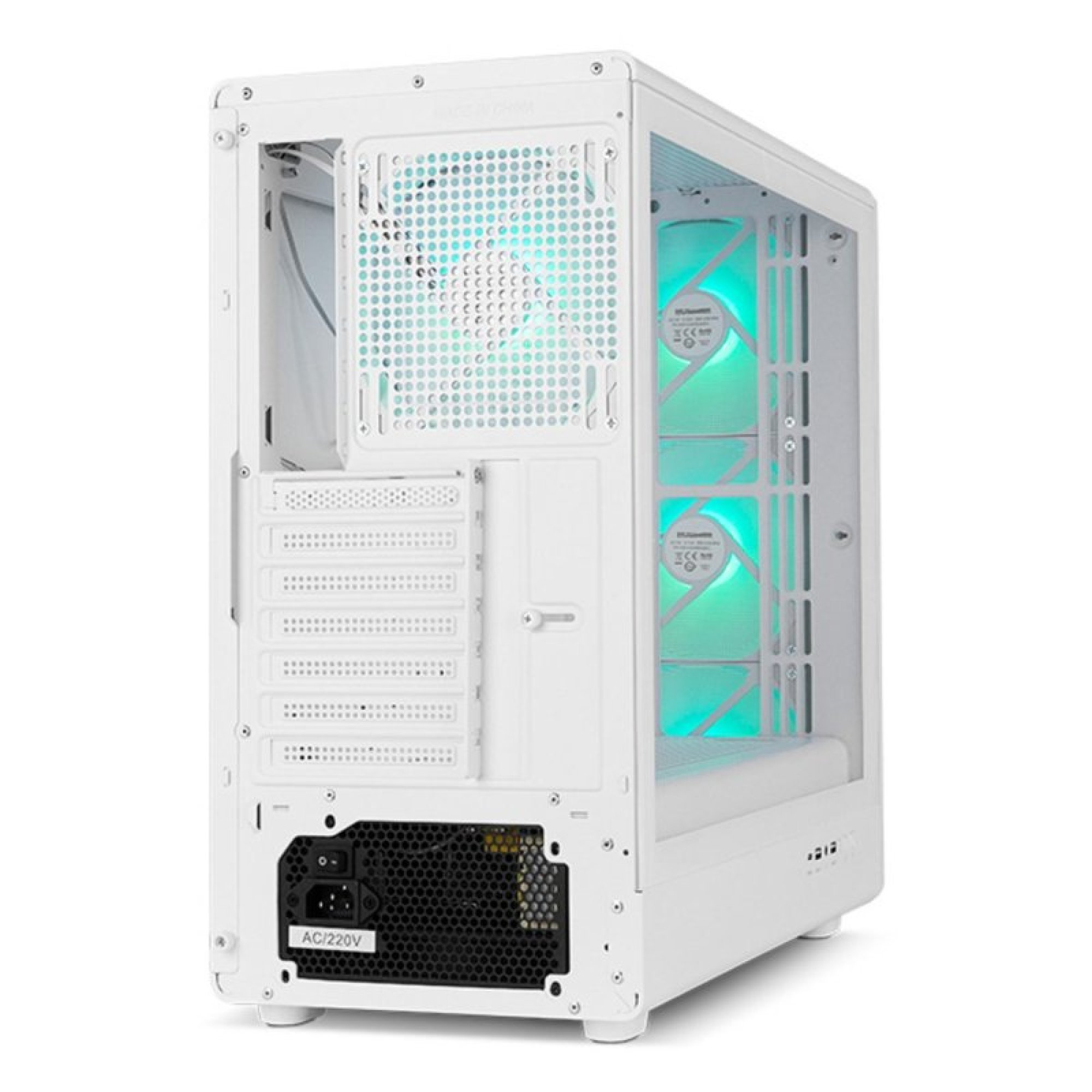 Caja de torre de PC blanca desde atrás, mostrando ventiladores y fuente.