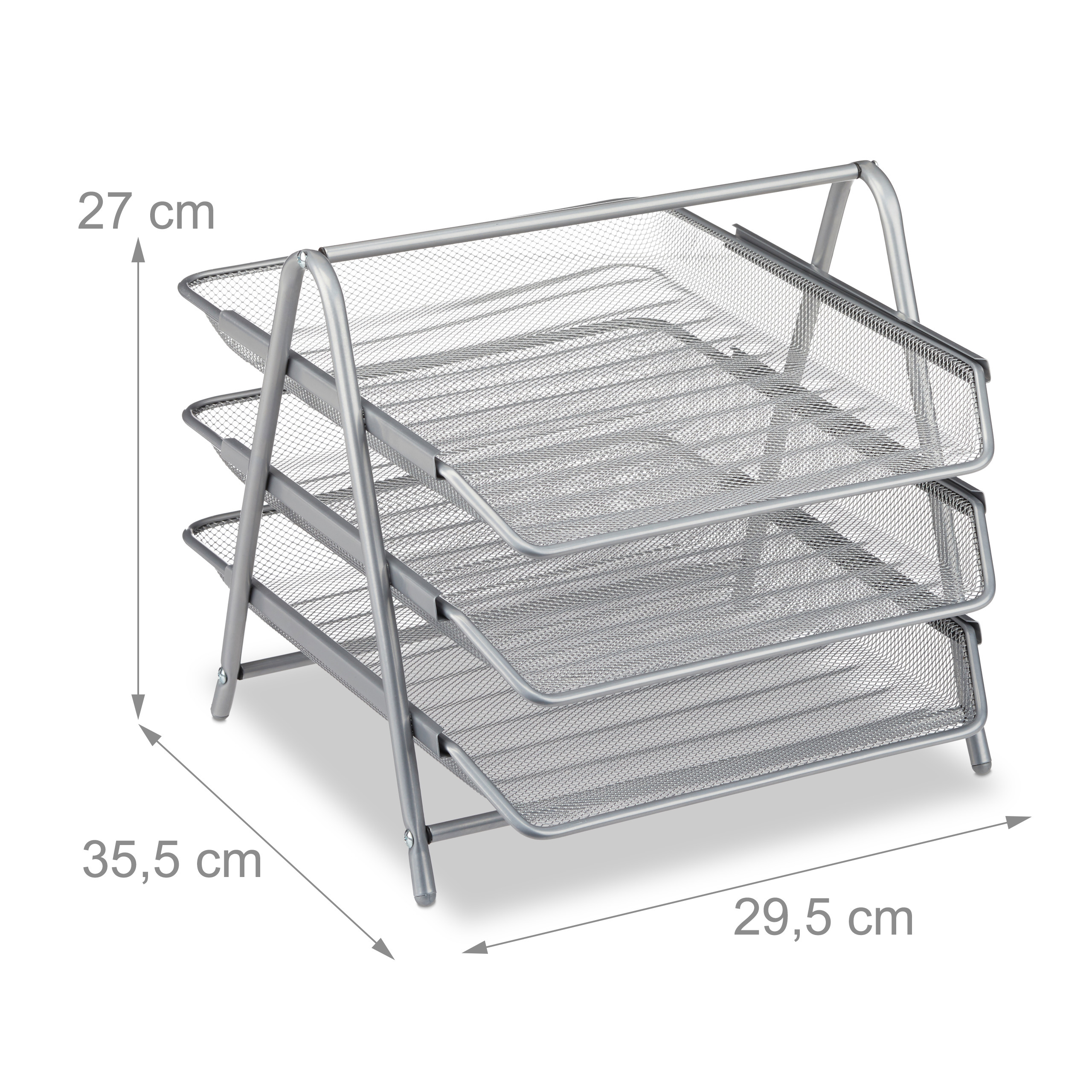 Ein silberner Schreibtisch-Organizer aus Metallgitter mit drei Ebenen und Maßangaben von 27 cm, 35,5 cm und 29,5 cm.