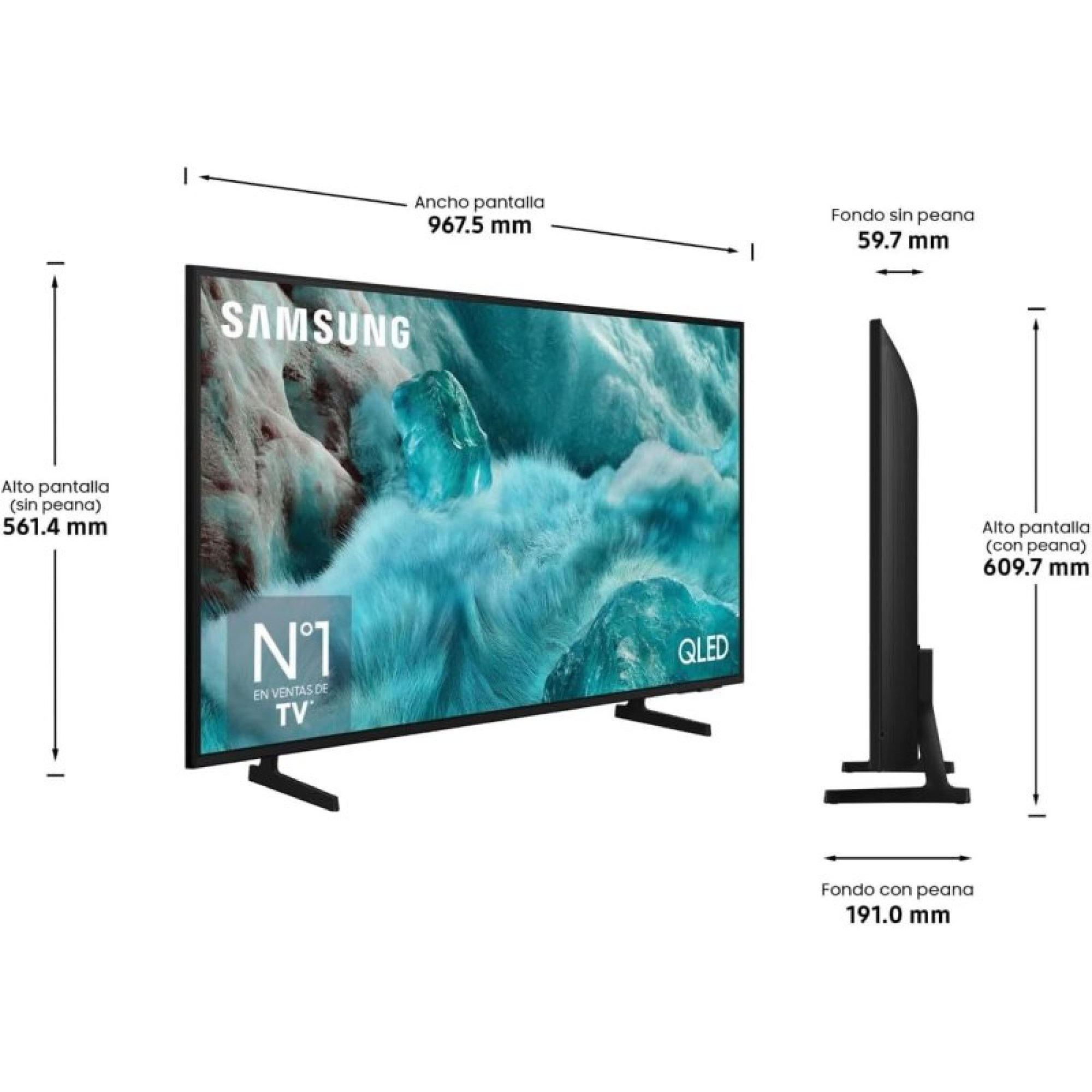 Dimensioni frontali e laterali di un TV Samsung QLED con supporto, con misure di larghezza, altezza e profondità in mm.