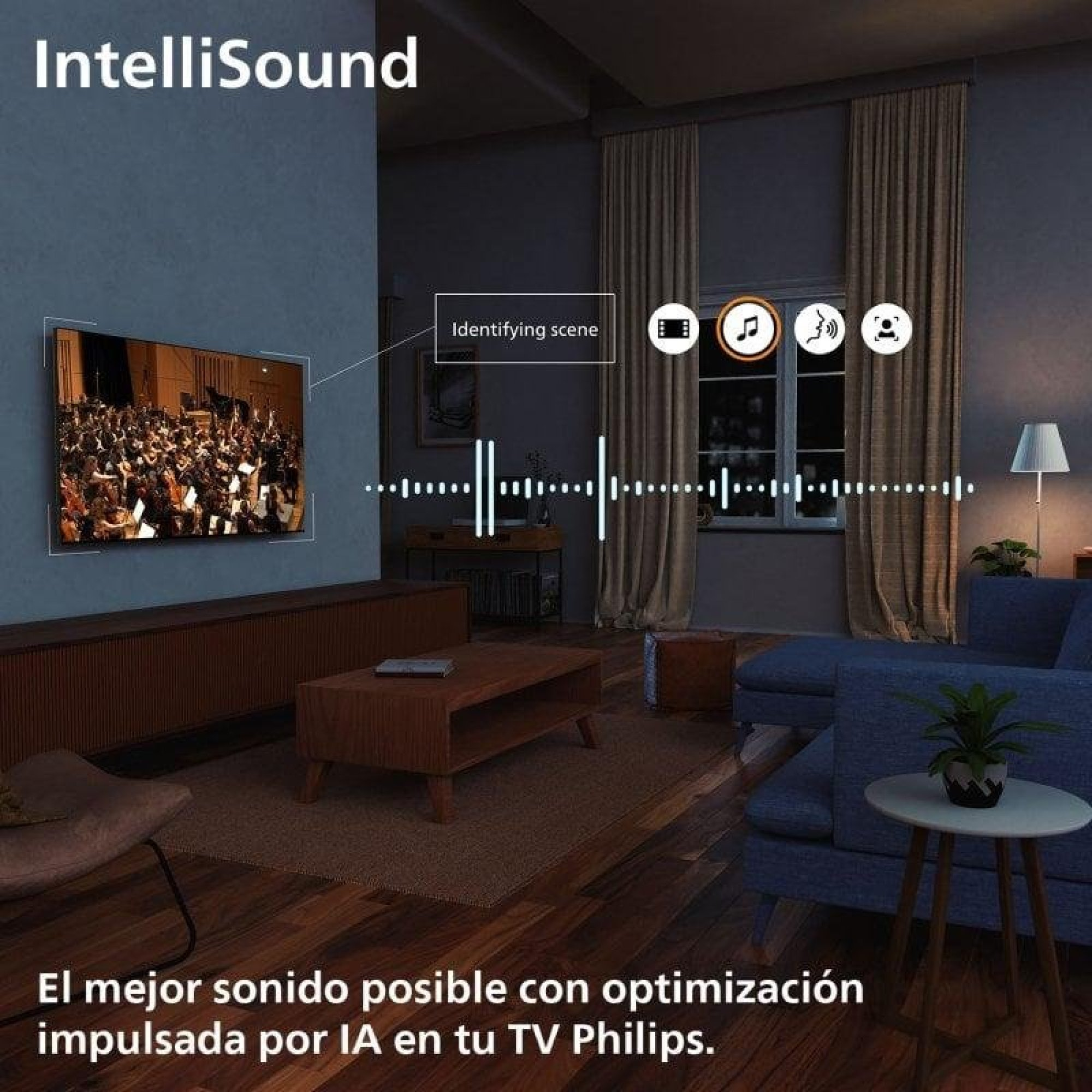 Soggiorno con TV che mostra un'orchestra e onde sonore fluttuanti nell'aria.