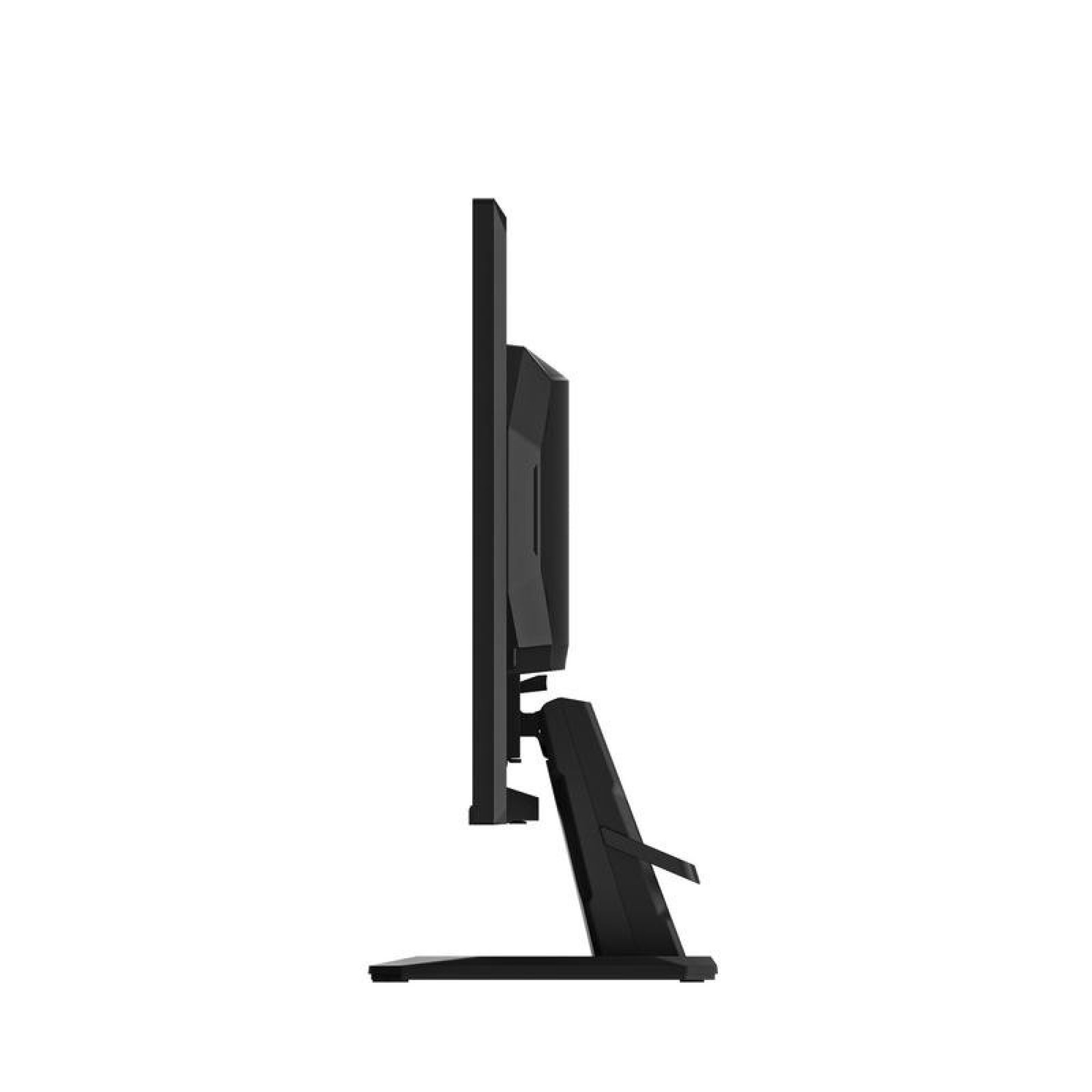 Seitenansicht eines modernen schwarzen Monitors mit verstellbarem Standfuss vor weissem Hintergrund.