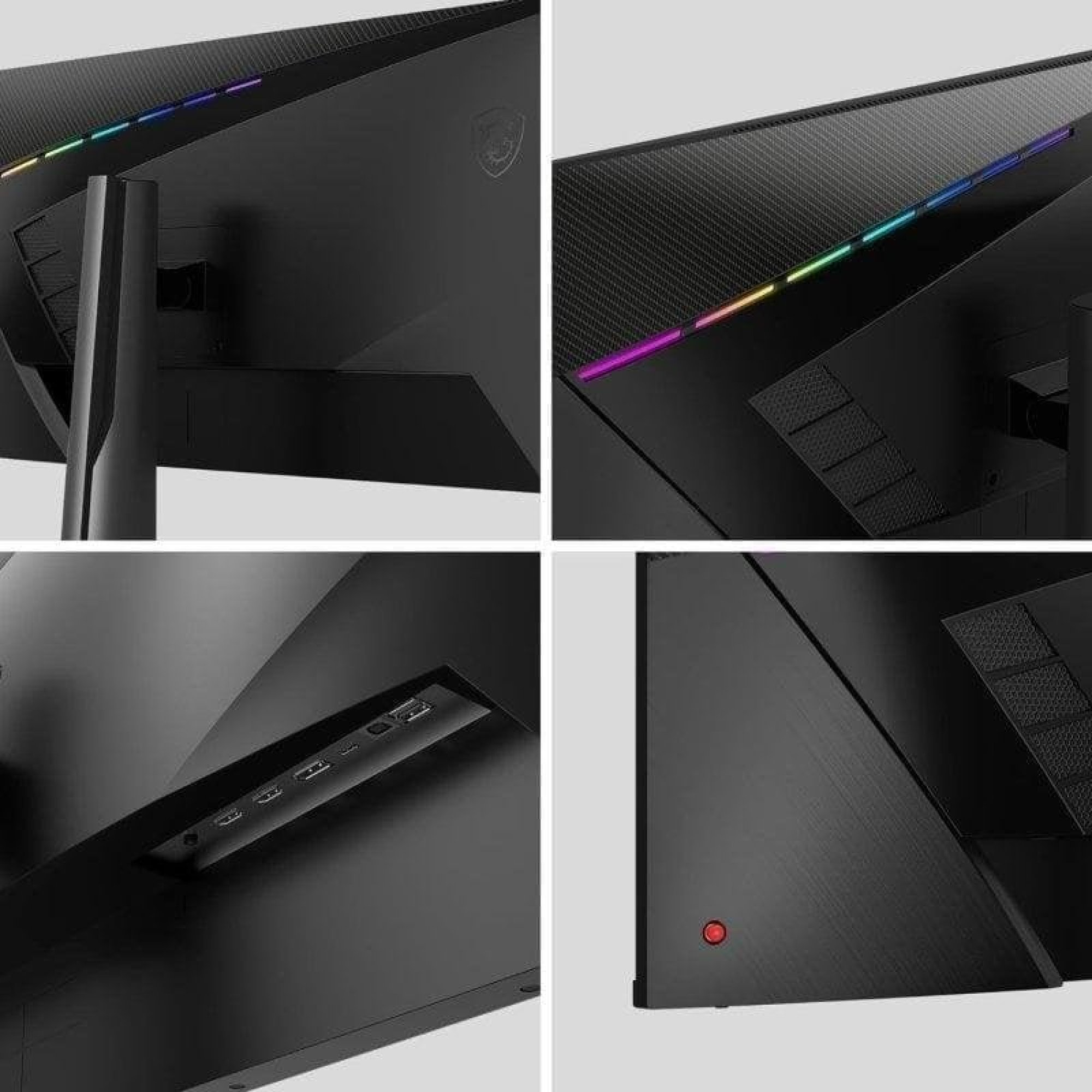 Immagine a quattro pannelli di un monitor nero con illuminazione RGB, porte e un pulsante rosso sul retro.