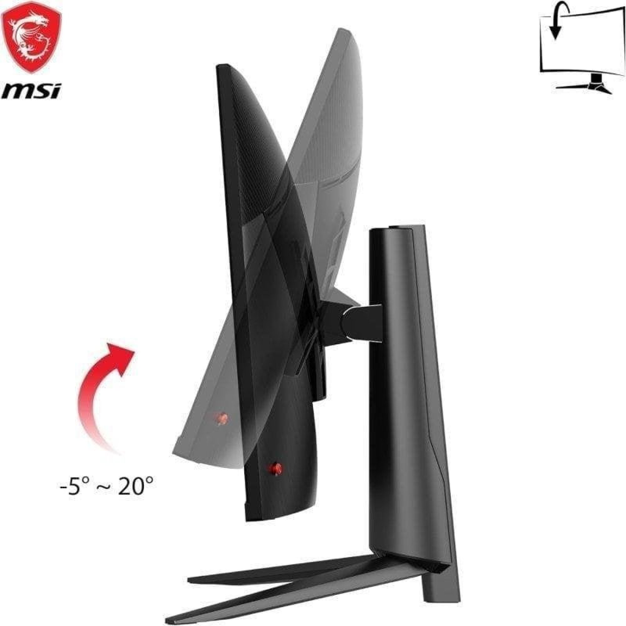 Un monitor MSI mostra l'intervallo di inclinazione da -5 a 20 gradi.