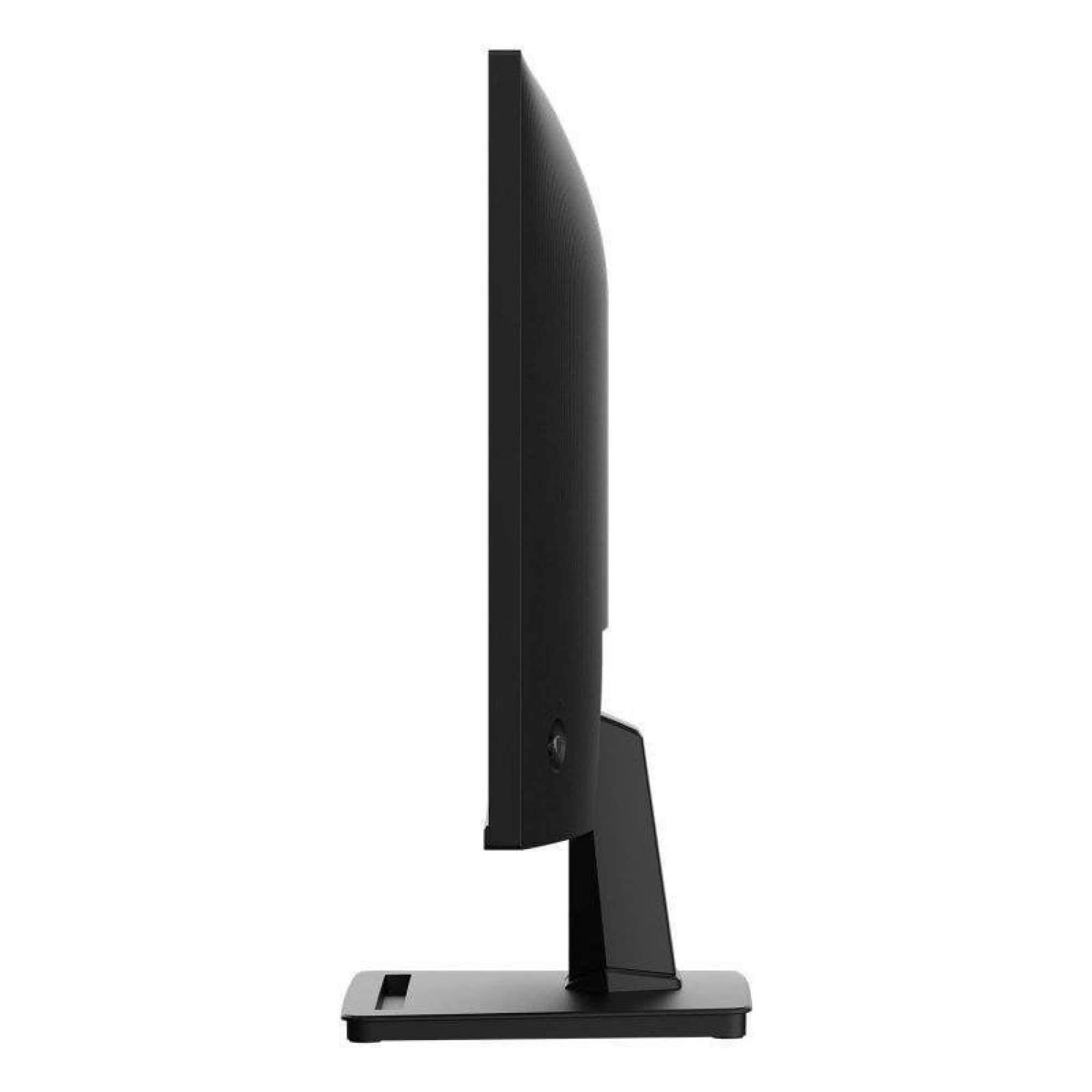 Vista laterale di un monitor di computer nero su un supporto su sfondo bianco.