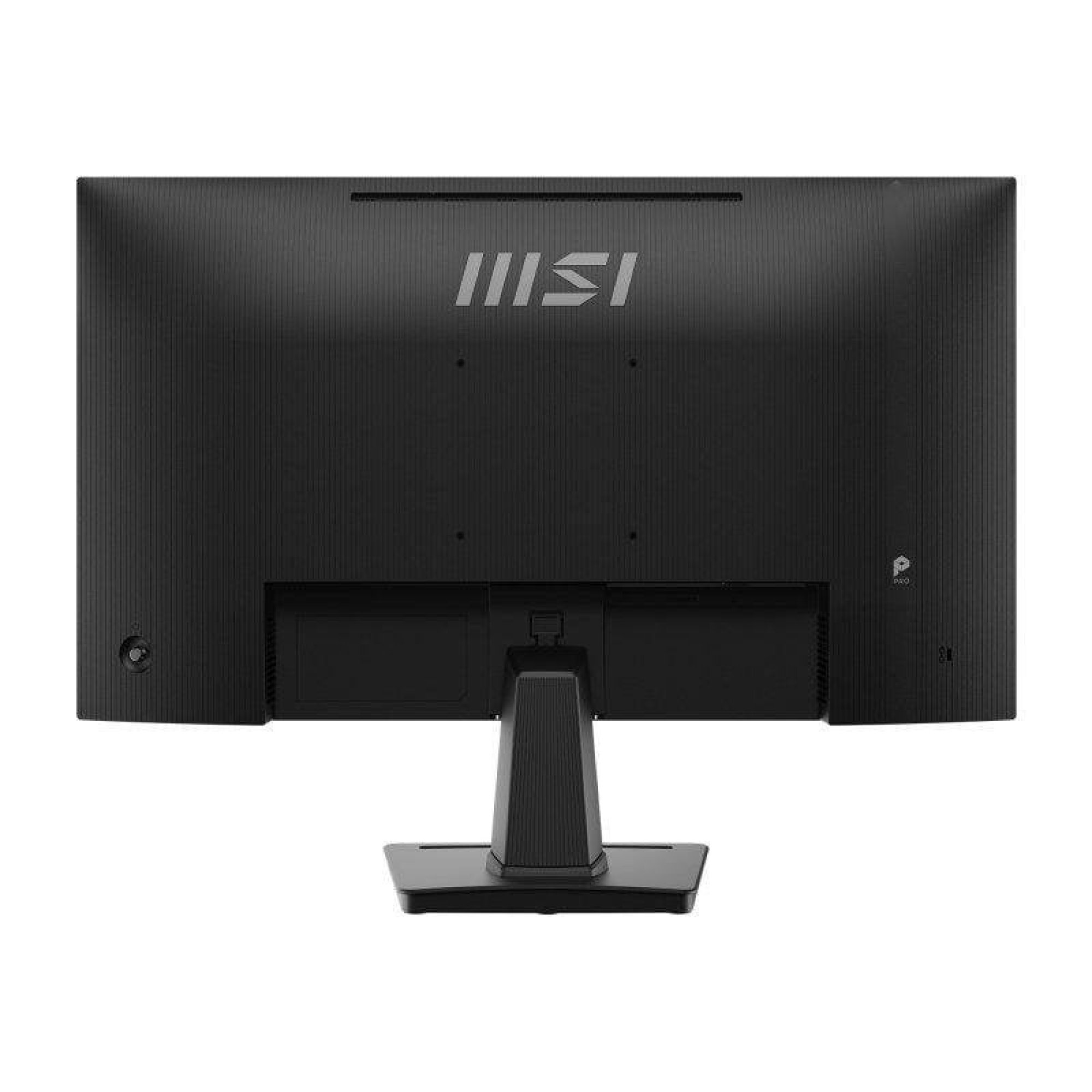 Vista posteriore di un monitor MSI nero con supporto su sfondo bianco.