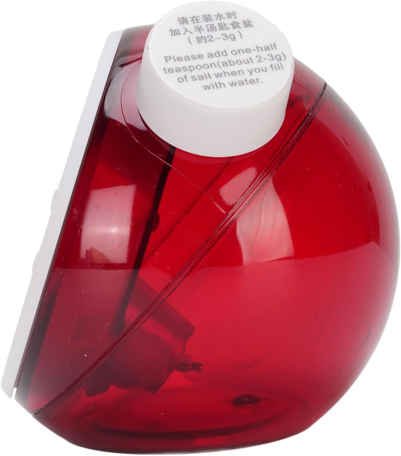 Roter Plastiktank mit weißem Deckel und englisch-chinesischer Beschriftung.
