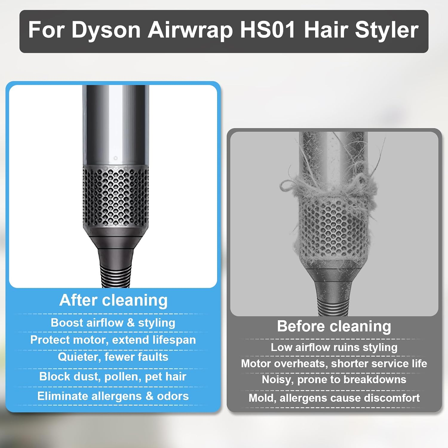 Vergleich eines Dyson Haartrockners vor und nach der Reinigung von Schmutz und Haaren.