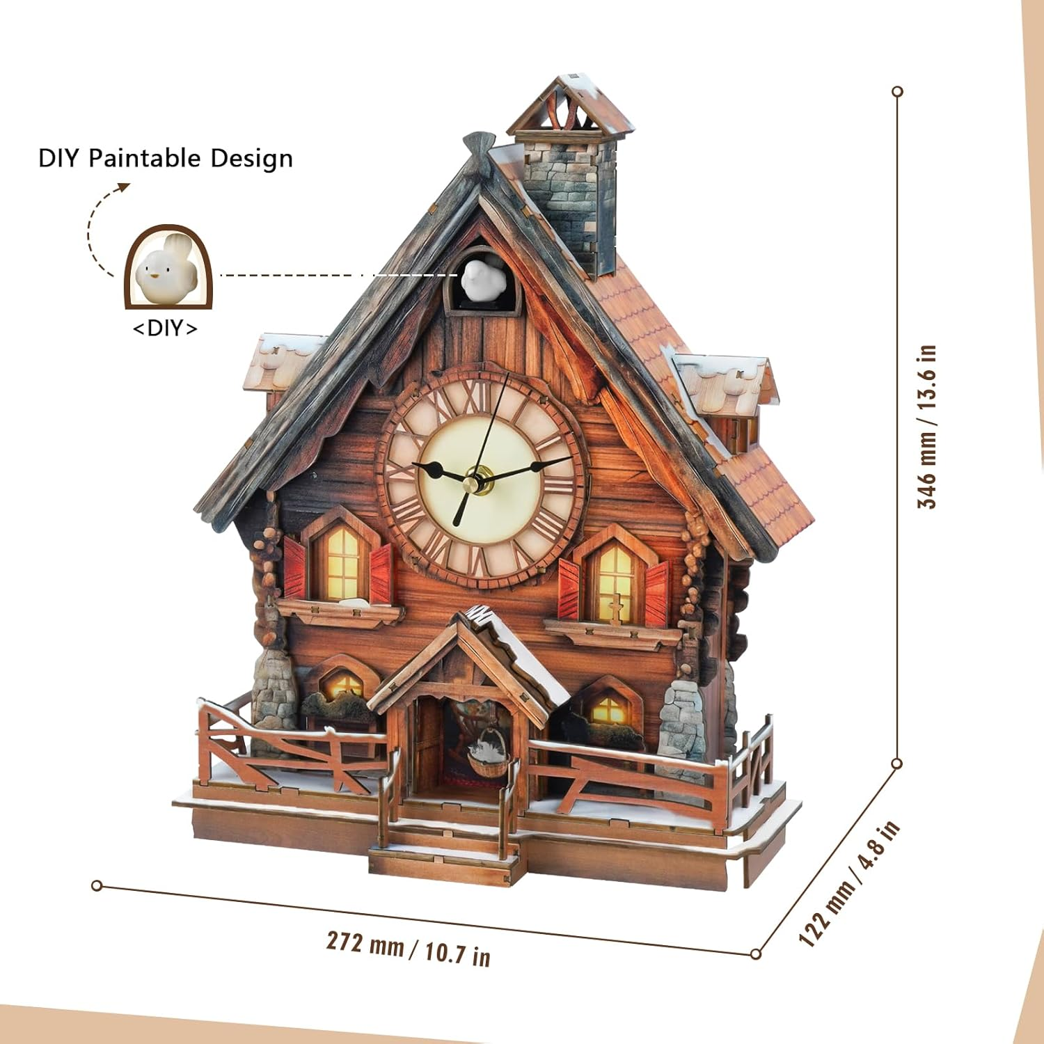 Holz-Kuckucksuhr im Chalet-Stil mit beleuchteten Fenstern, Zifferblatt und Maßen von 272x122x346 mm.
