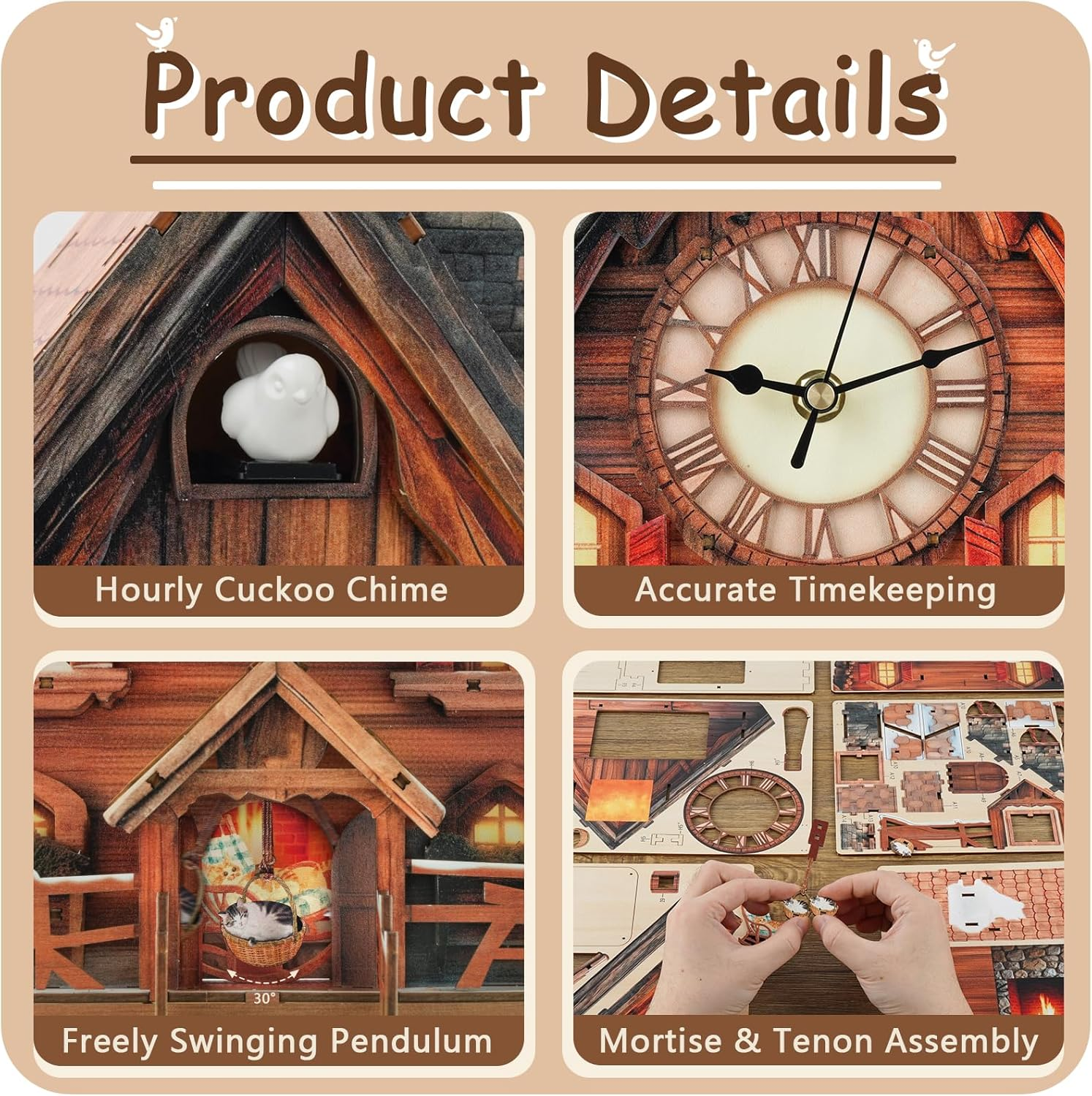 Produktdetails einer Kuckucksuhr aus Holz mit Vogel, Zifferblatt, Pendel und Montagesets.