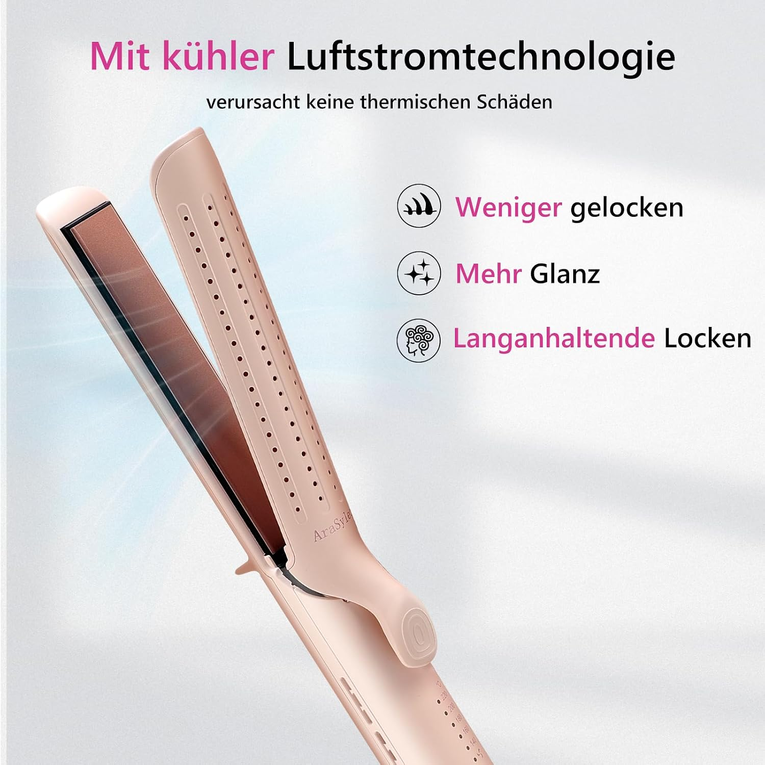 Ein rosafarbenes Haarstyling-Gerät mit kühler Luftstromtechnologie und Text über seine Vorteile.
