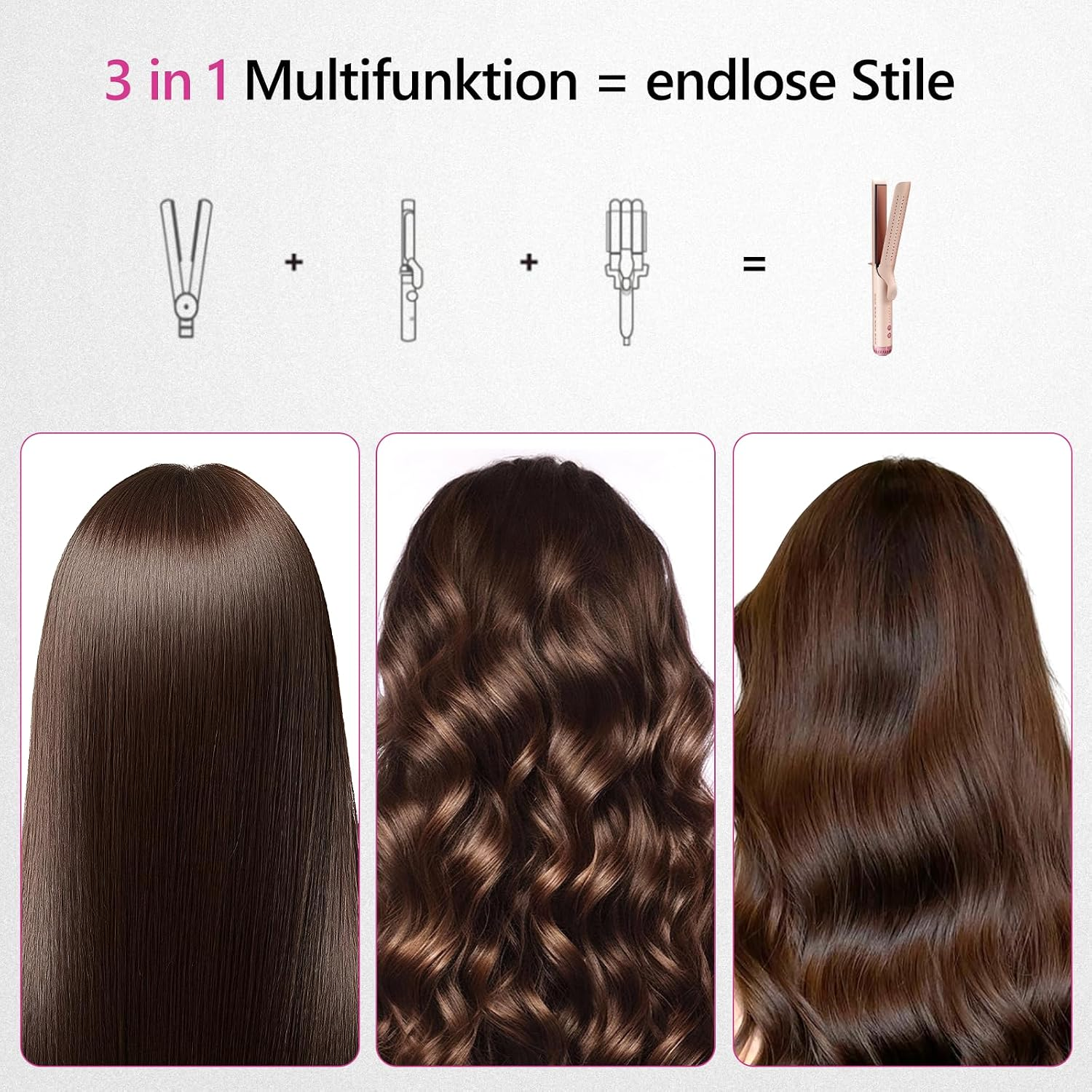 3-in-1-Styling-Tool mit Symbolen und Bildern von glattem, gewelltem und gelocktem braunem Haar darunter.