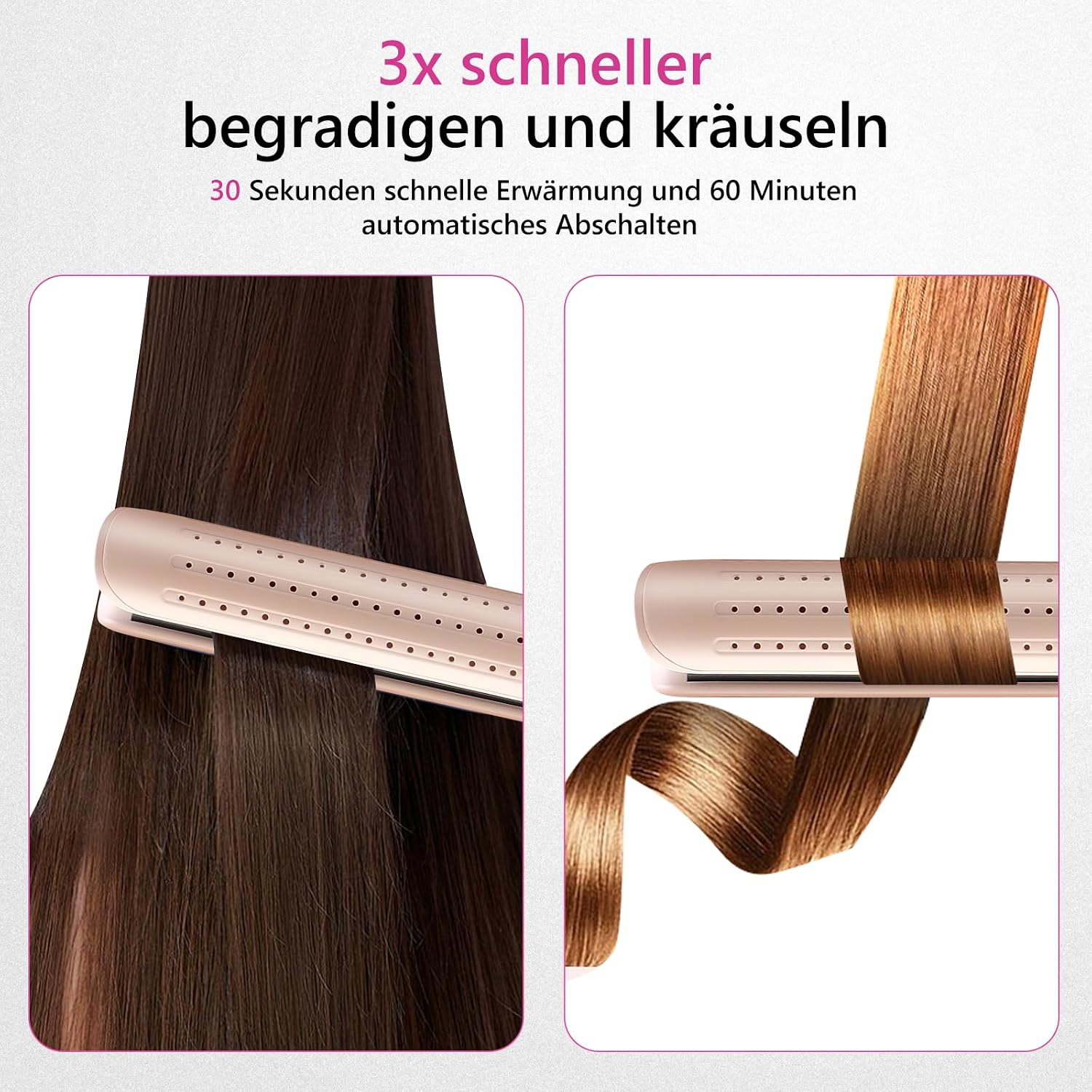 Ein roségoldener Haarglätter formt glattes und gewelltes Haar.