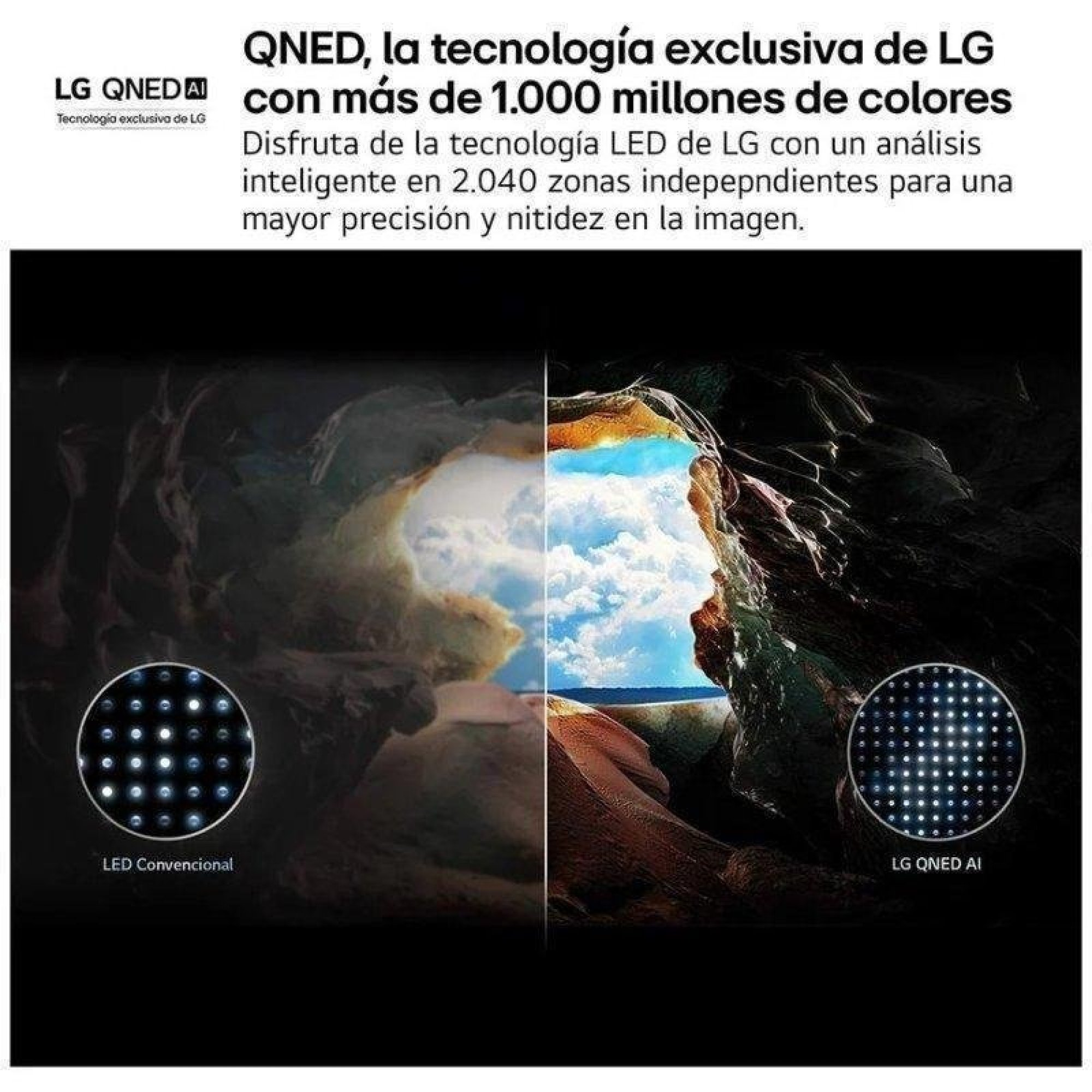 Confronto della tecnologia LG QNED che mostra un'immagine più luminosa e nitida.