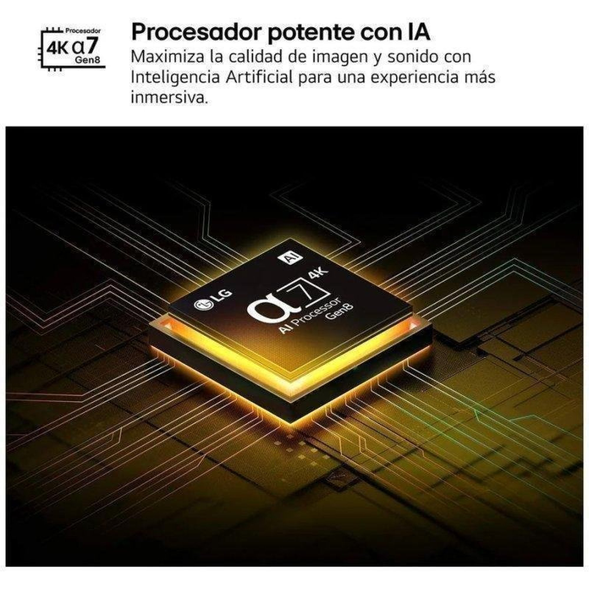 Un microchip illuminato con la scritta alpha 7 AI Processor Gen8 e logo LG su un circuito stampato.
