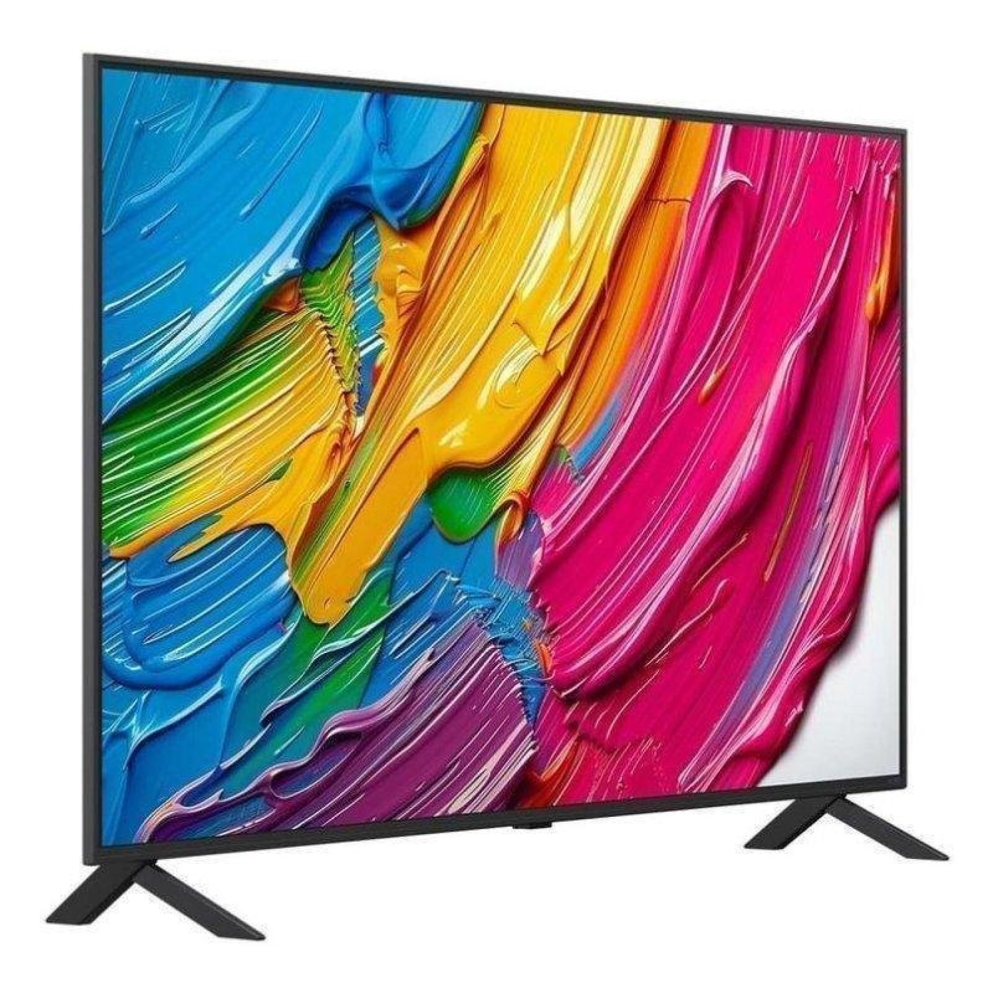Una TV a schermo piatto con gambe a V mostra un dipinto astratto colorato con tonalità di blu, giallo e rosa.