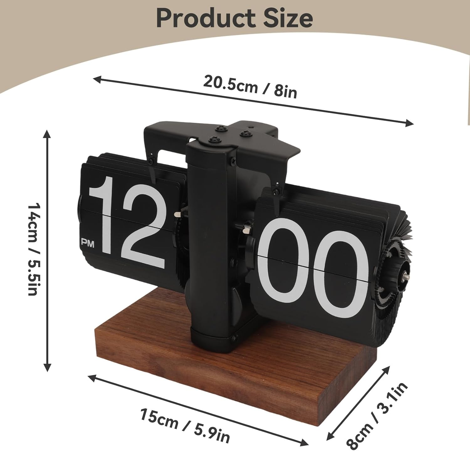 Produktabmessungen einer schwarzen Flip-Uhr auf Holzbasis: 20,5 cm x 14 cm x 8 cm.