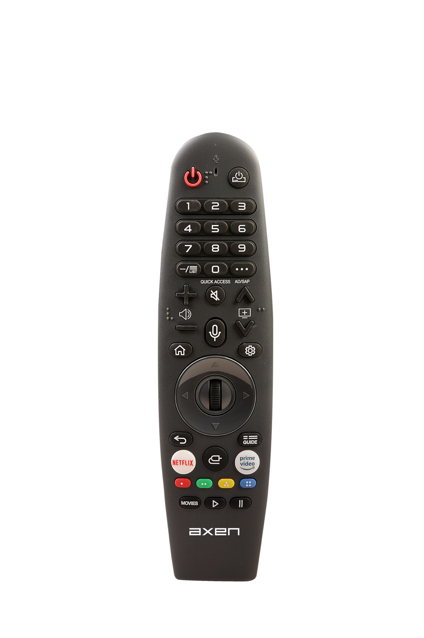 Sayı tuşları, kaydırma tekerleği, yayın düğmeleri ve Axen logosu bulunan siyah bir Axen TV uzaktan kumandası.