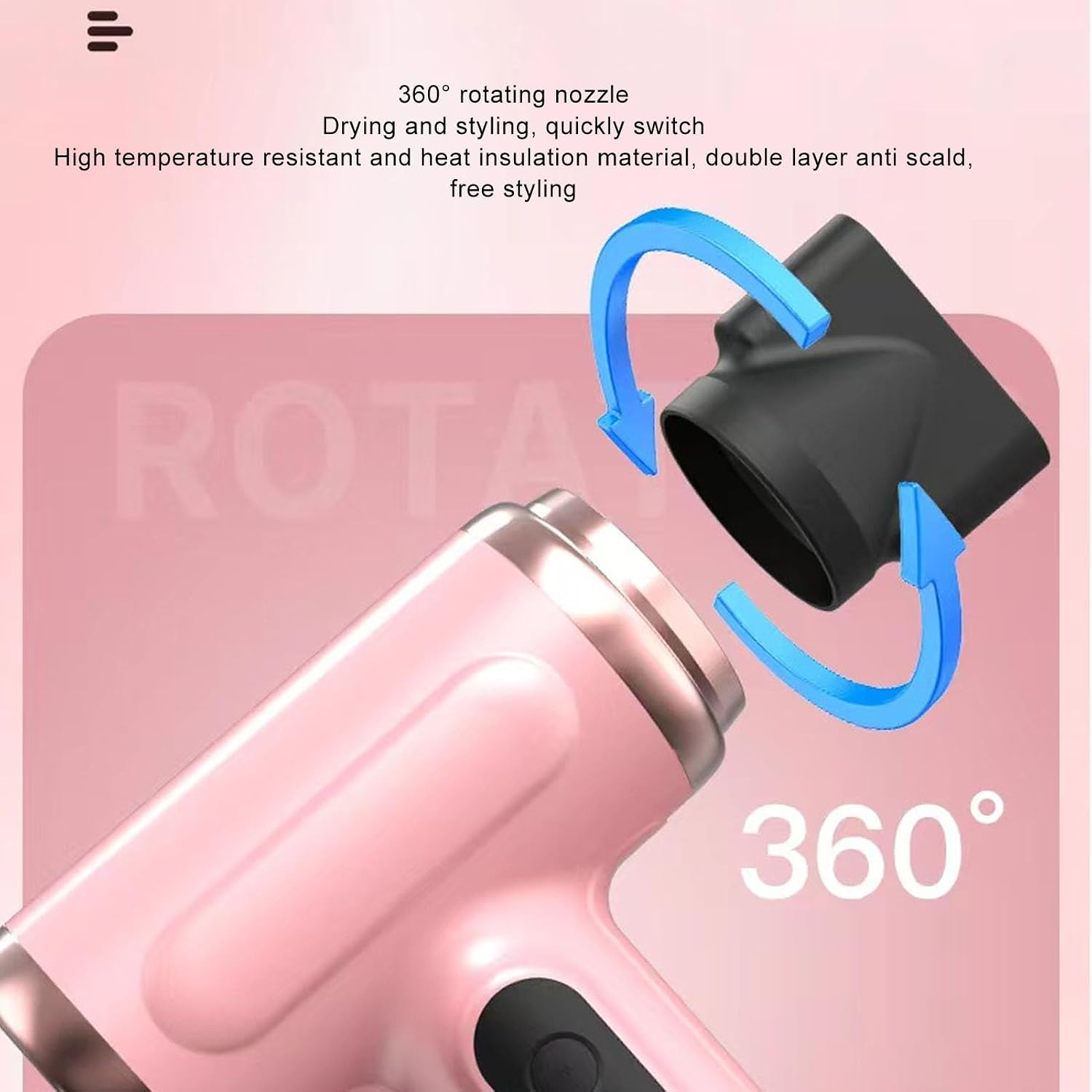 Rosa Haartrockner mit einer um 360 Grad drehbaren schwarzen Düse und blauen Pfeilen.
