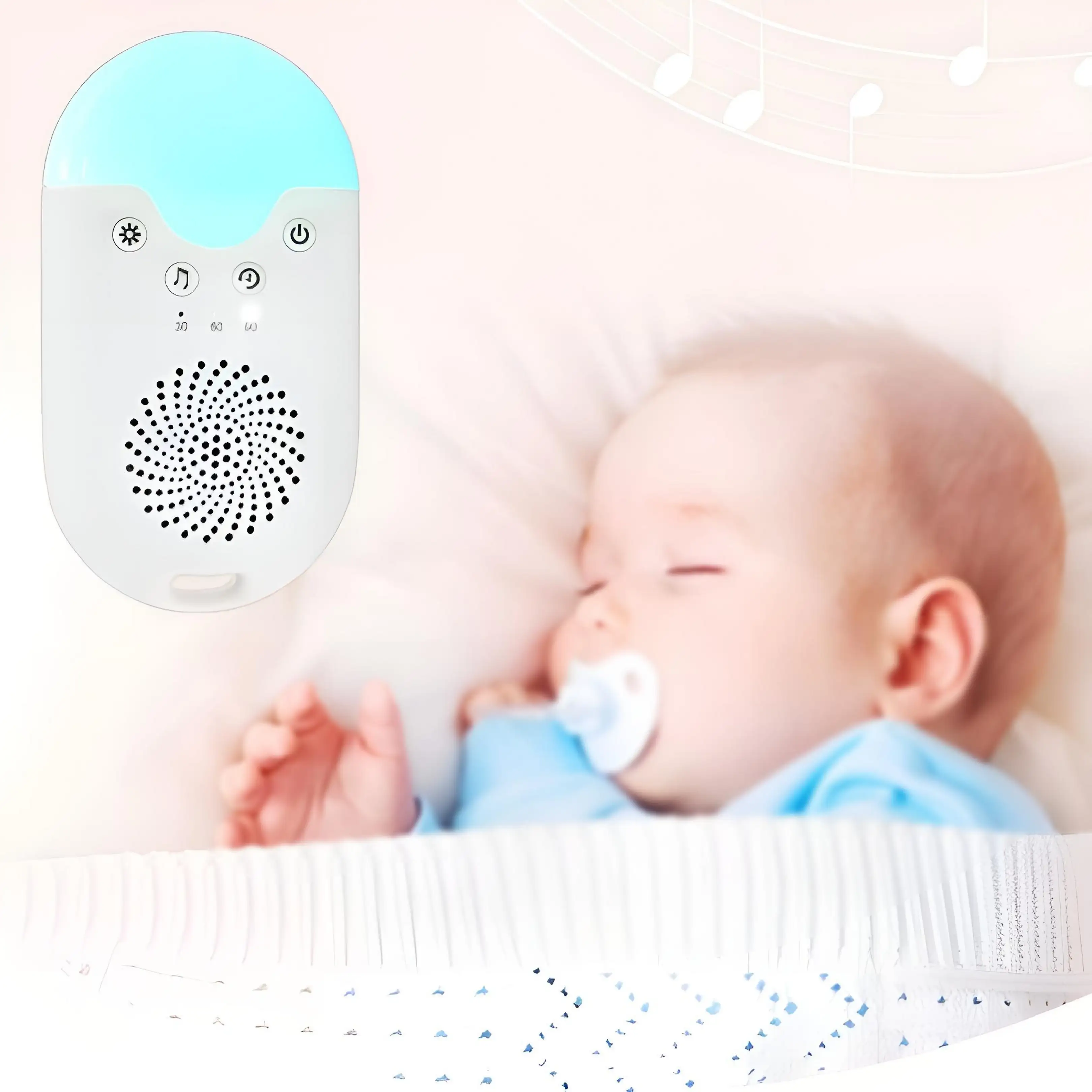 Ein weißes Babyphone mit Licht leuchtet links, rechts schläft ein Baby mit Schnuller im Bett.