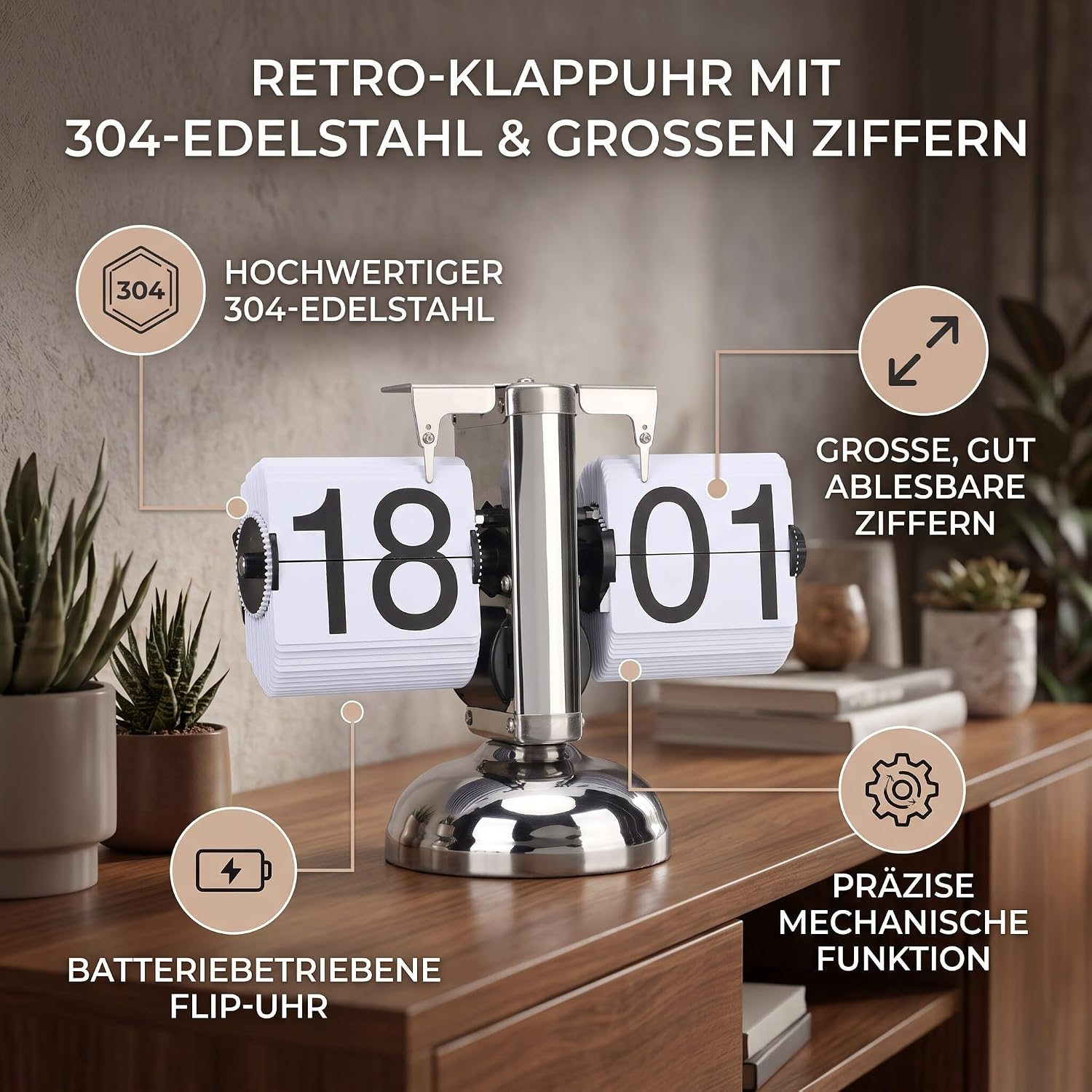 Retro-Klappuhr aus Edelstahl auf Holztisch mit Erklärungen.