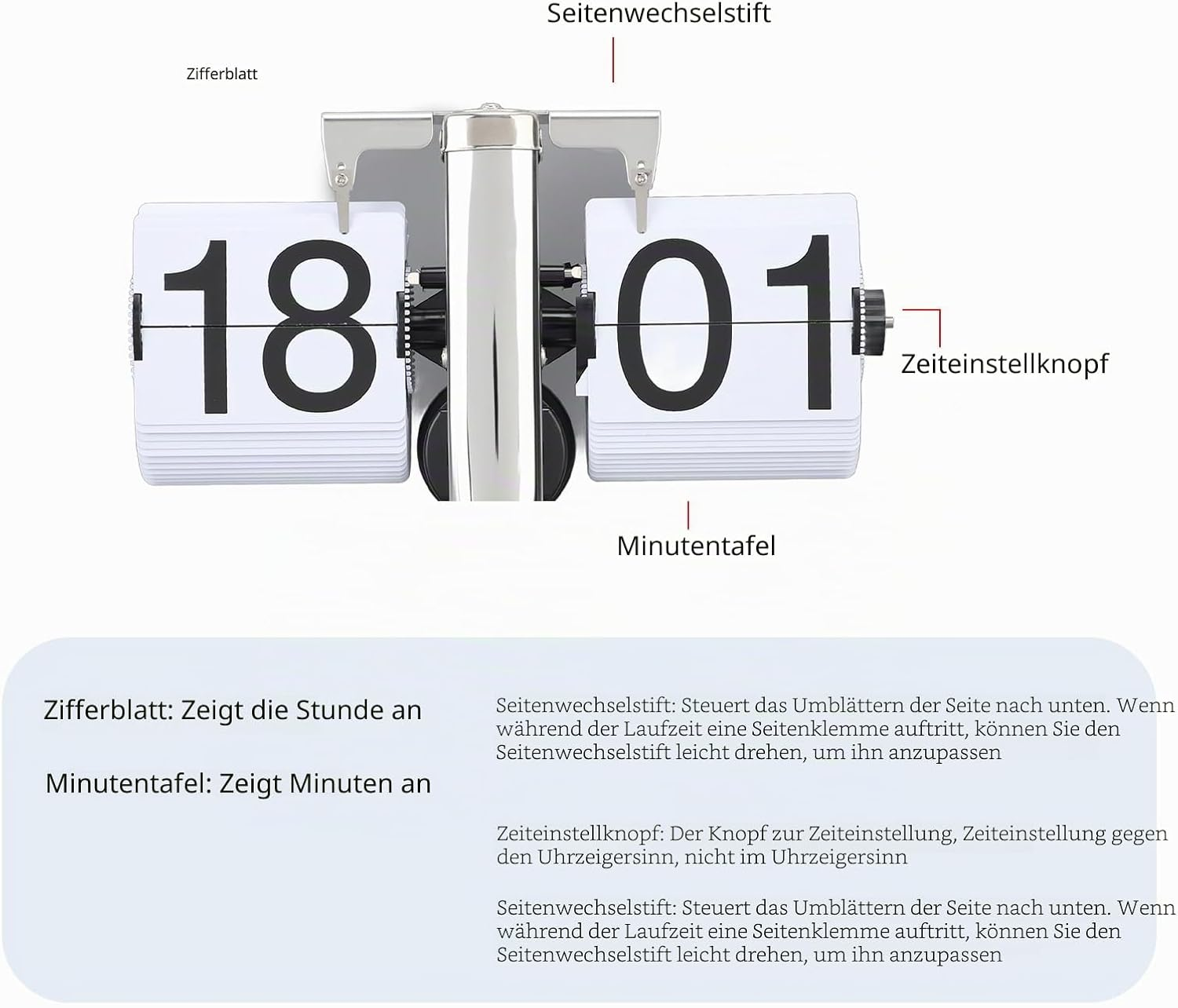 Diagramm einer modernen Tischuhr mit Erklärungen auf Deutsch für Zifferblatt, Zeiteinstellknopf und andere Teile.