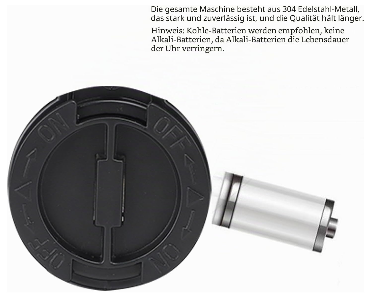 Eine schwarze, runde Batterieabdeckung mit ON- und OFF-Beschriftung neben einer Batterie, begleitet von deutschem Text.