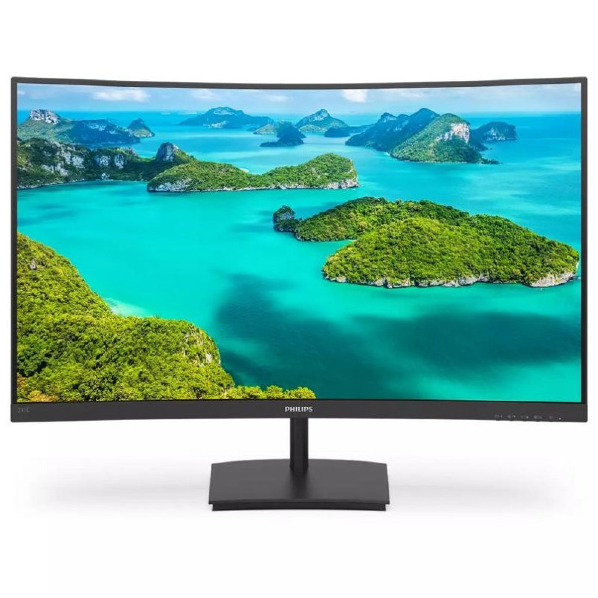 Un monitor Philips curvo mostra un paesaggio costiero tropicale con acqua turchese e isole.