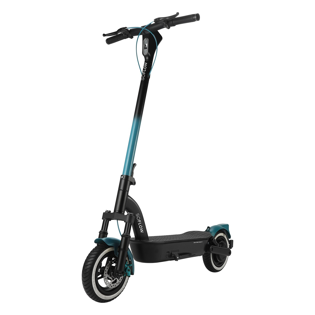 Ein schwarzer und türkisfarbener E-Scooter auf weißem Hintergrund mit Vorder- und Hinterradfederung.