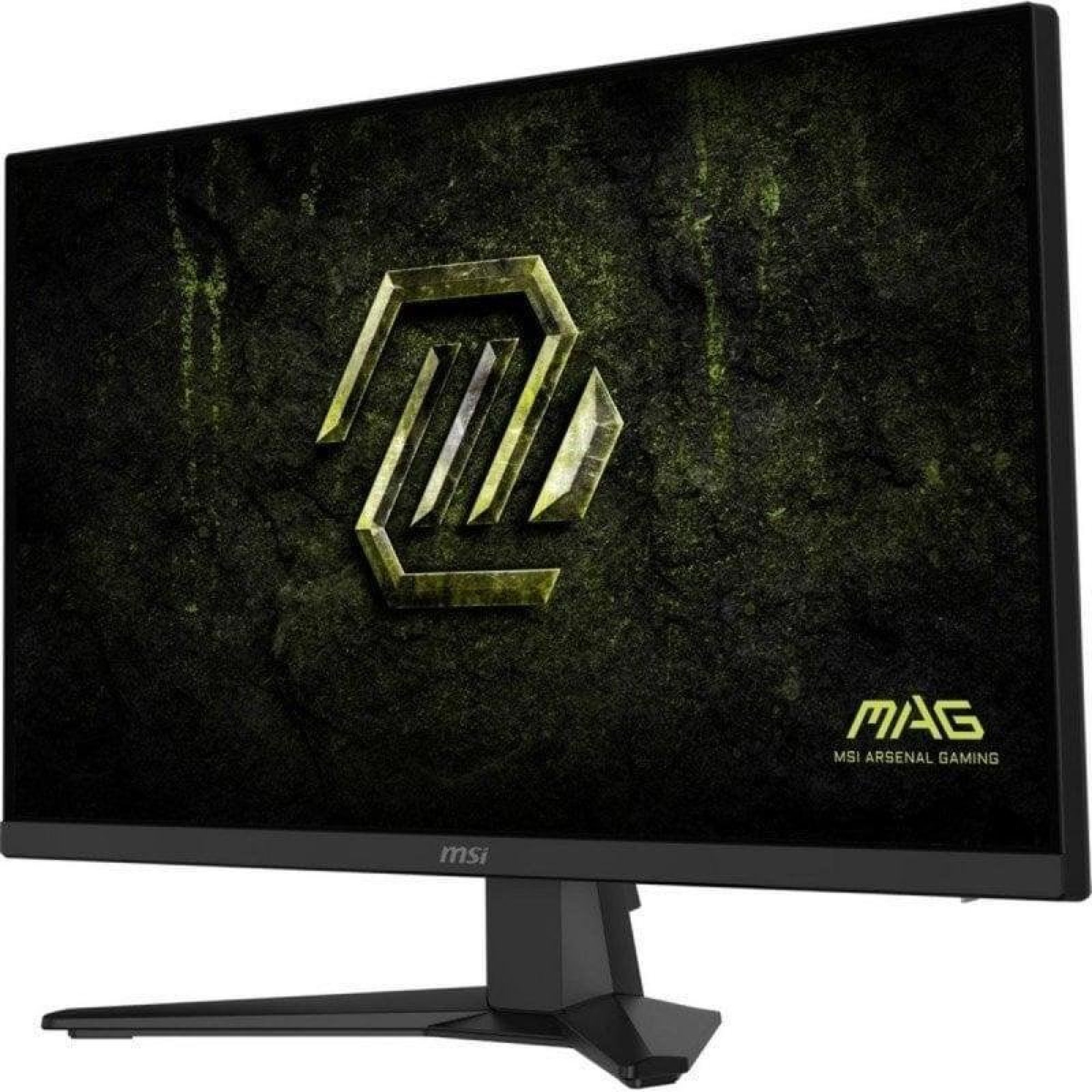 Monitor da gioco MSI con cornici sottili e logo verde MSI Arsenal Gaming sullo schermo su sfondo bianco.
