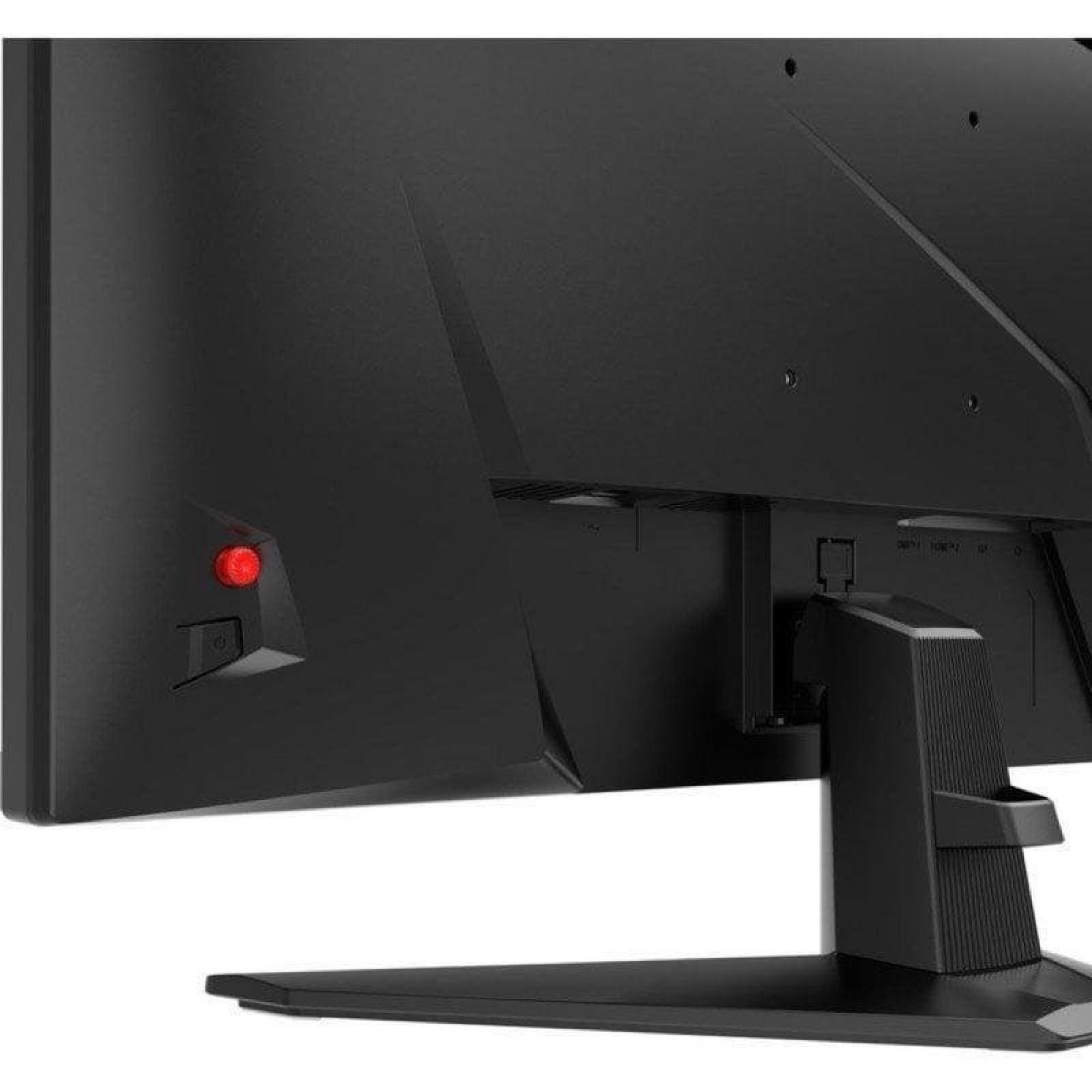 Vista posteriore di un monitor nero con un pulsante di controllo rosso e una base stabile.