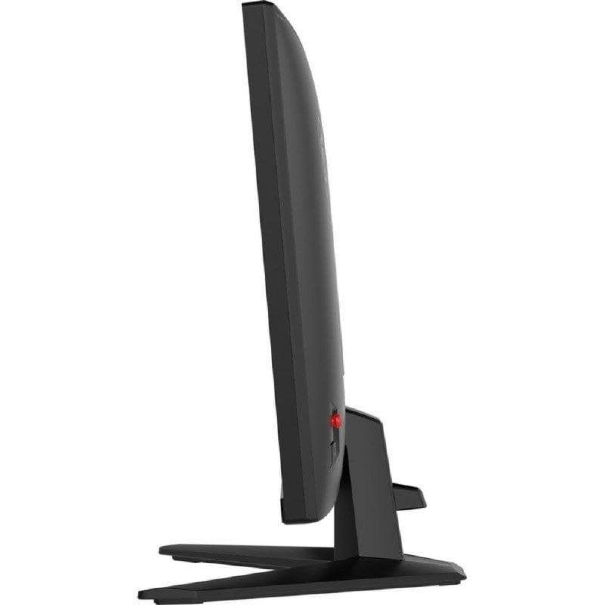 Vista laterale di un monitor nero su supporto con sfondo bianco.