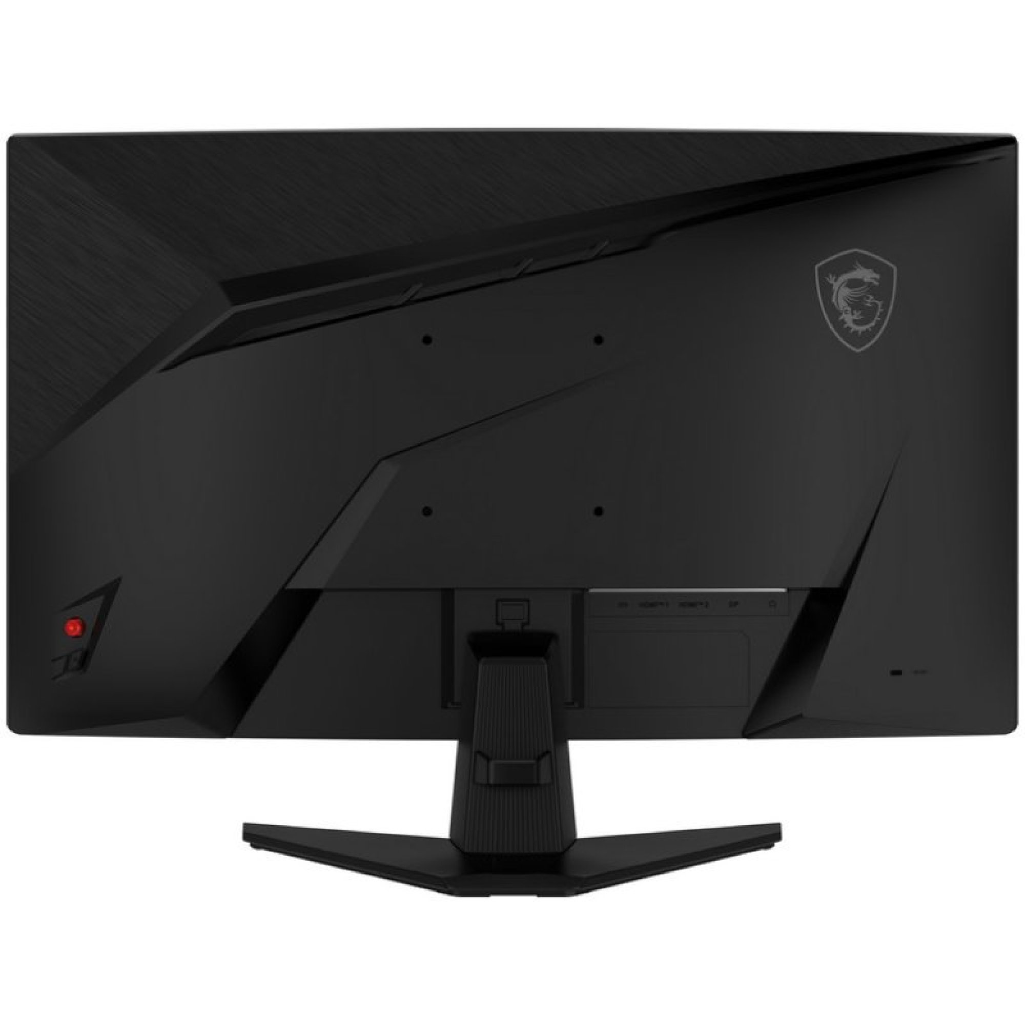 Standı, bağlantı noktaları ve ejderha logosu görünen siyah bir MSI bilgisayar monitörünün arkası.