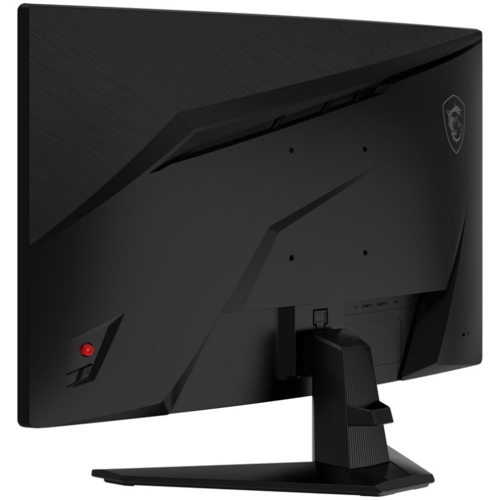 VESA montajlı ve kırmızı joystick'li siyah bir MSI oyun monitörünün arka görünümü.
