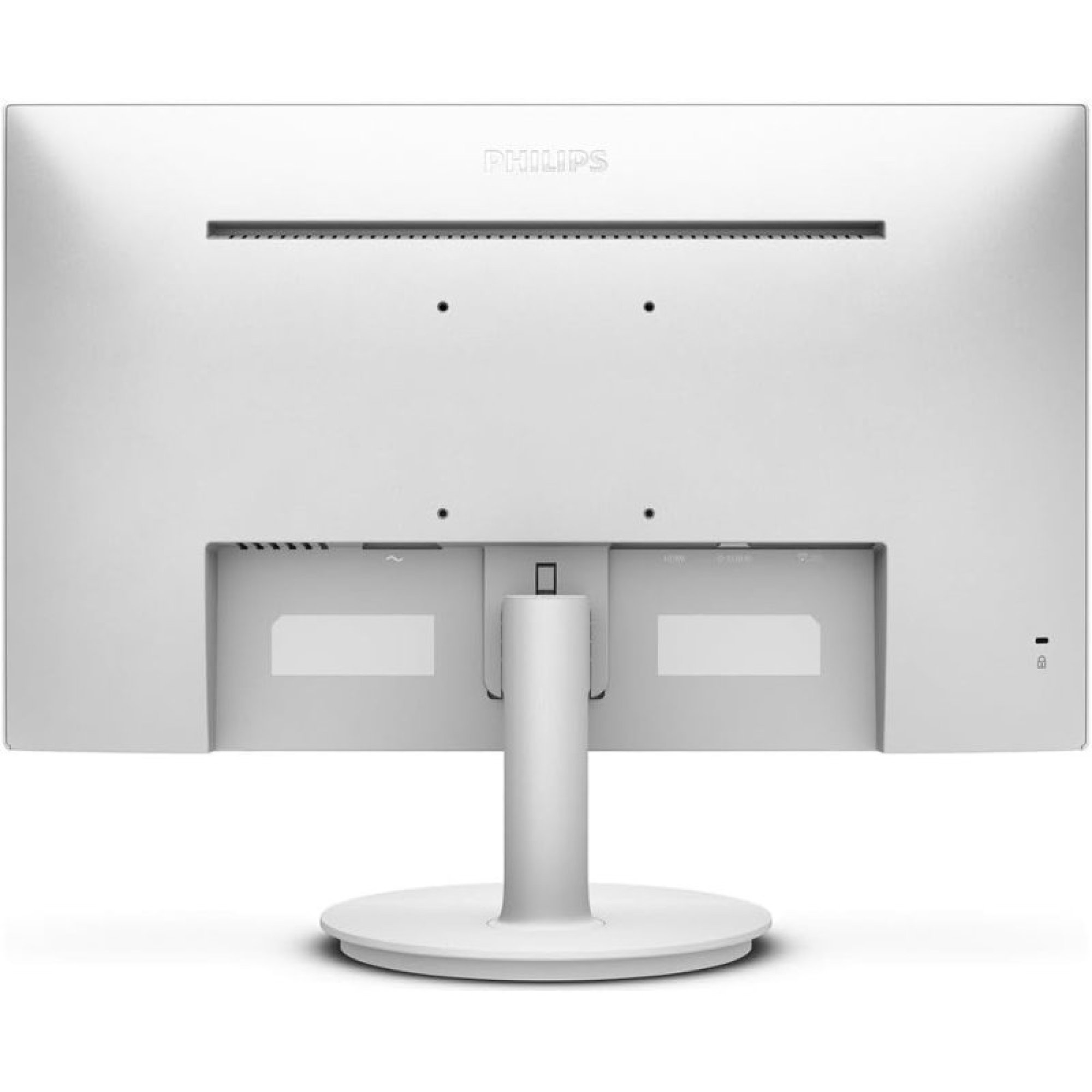 Widok z tyłu białego monitora Philips z podstawką i portami.
