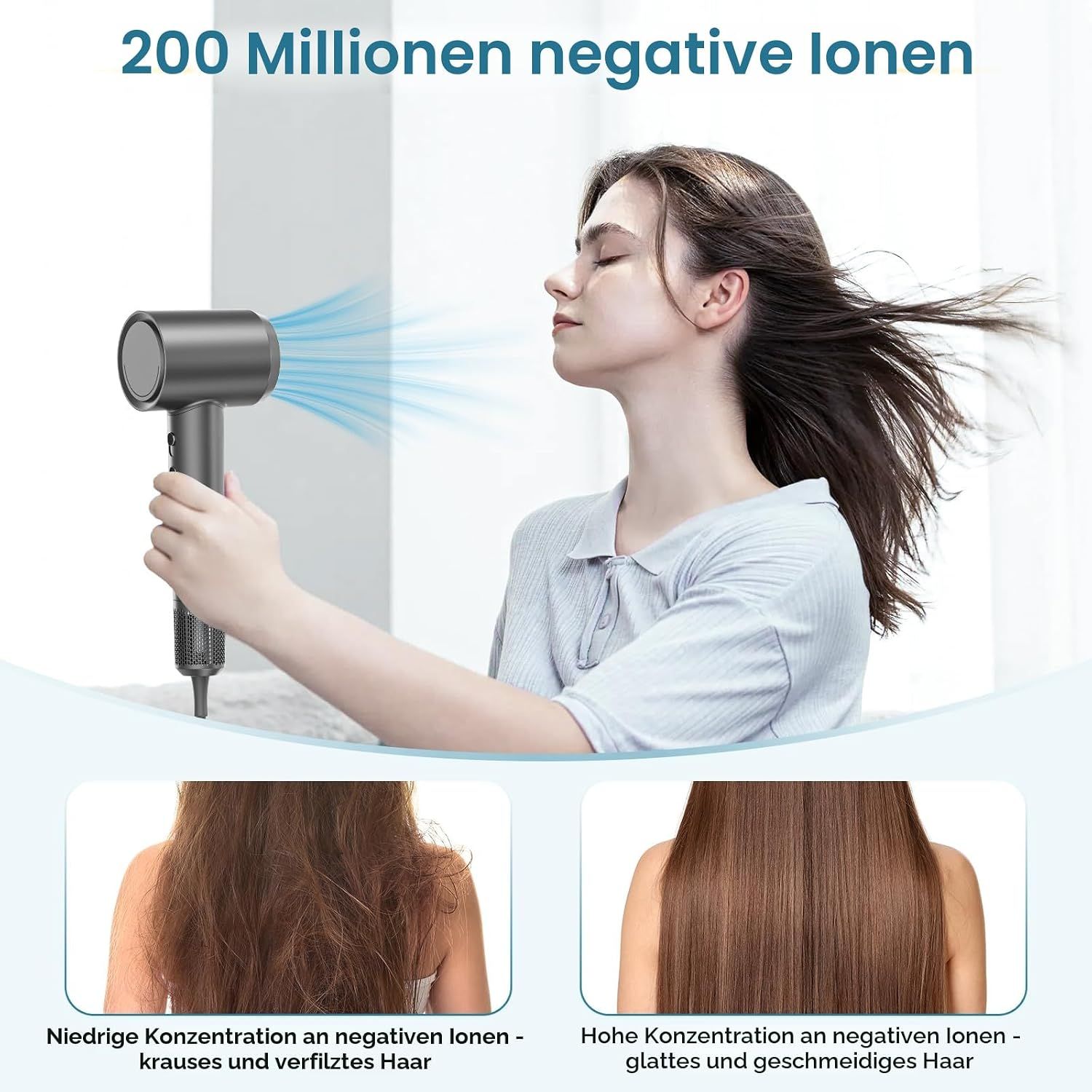 Eine Frau hält einen grauen Föhn, der Haare bläst. Unten Vergleich: krauses vs glattes Haar.