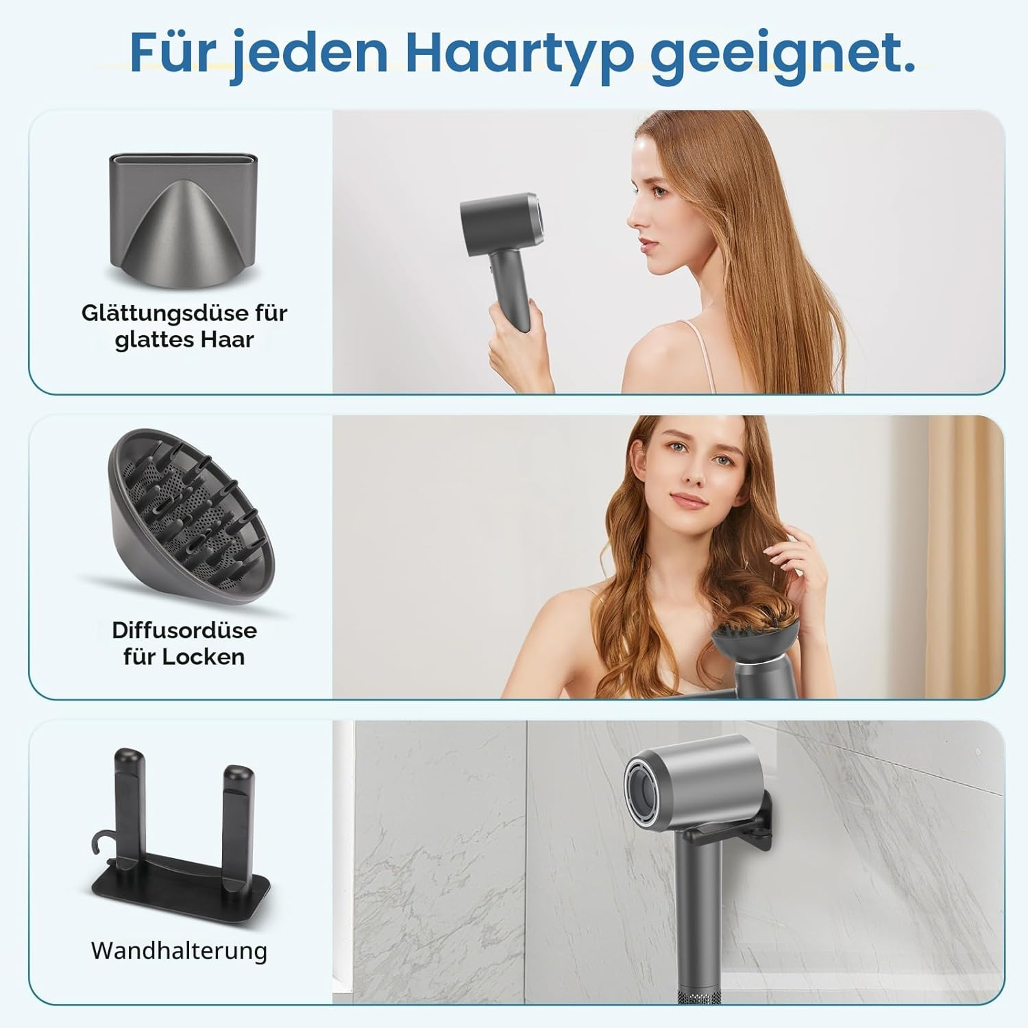 Ein Fön mit verschiedenen Aufsätzen für glattes oder lockiges Haar und einer Wandhalterung.