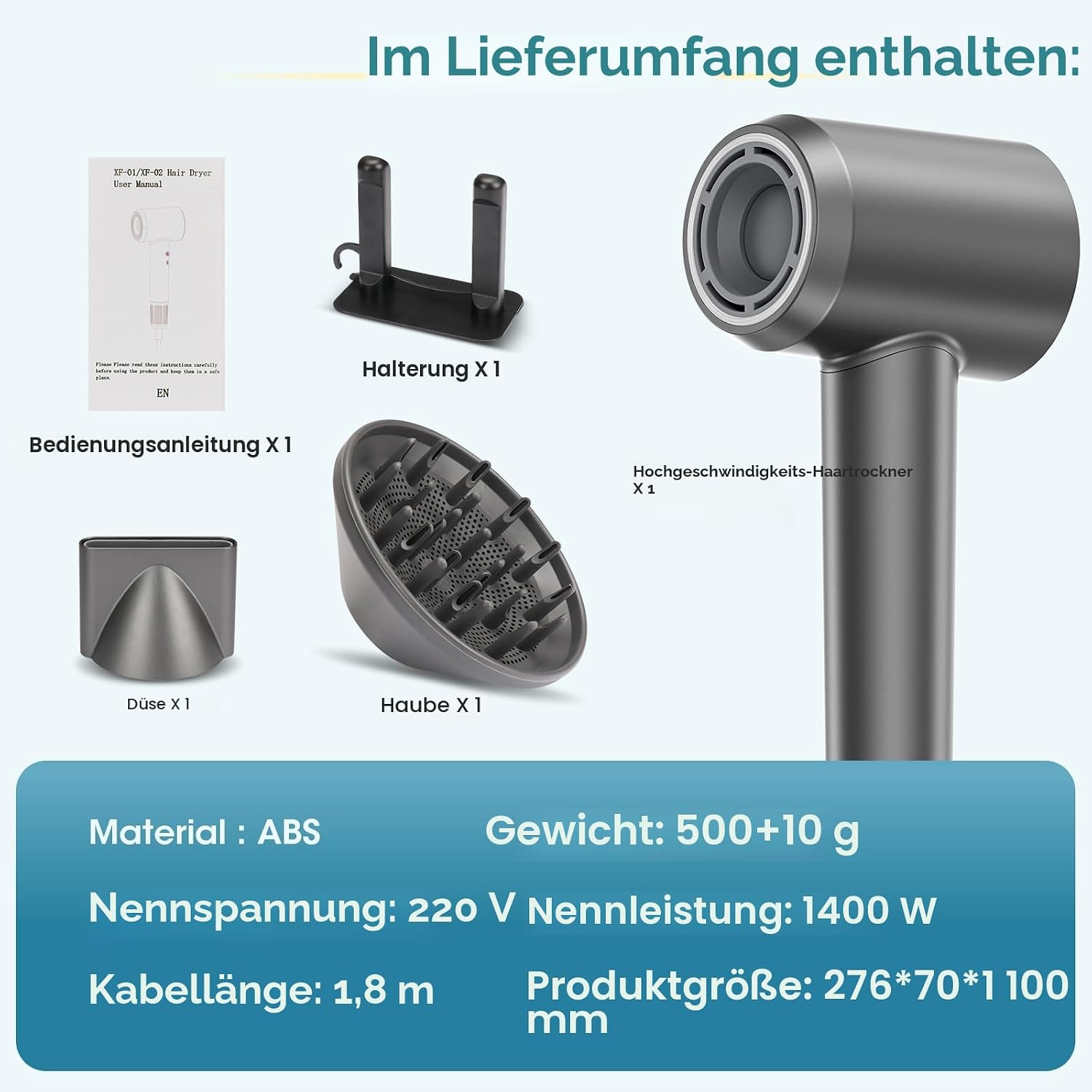 Paketinhalt mit Haartrockner, Halterung, Düse, Haube und Bedienungsanleitung sowie technischen Daten.