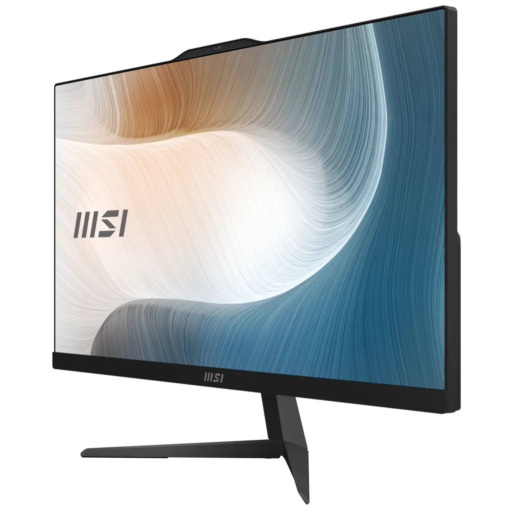 Standlı siyah bir MSI monitör, MSI logolu dalgalı soyut bir arka plan gösteriyor.