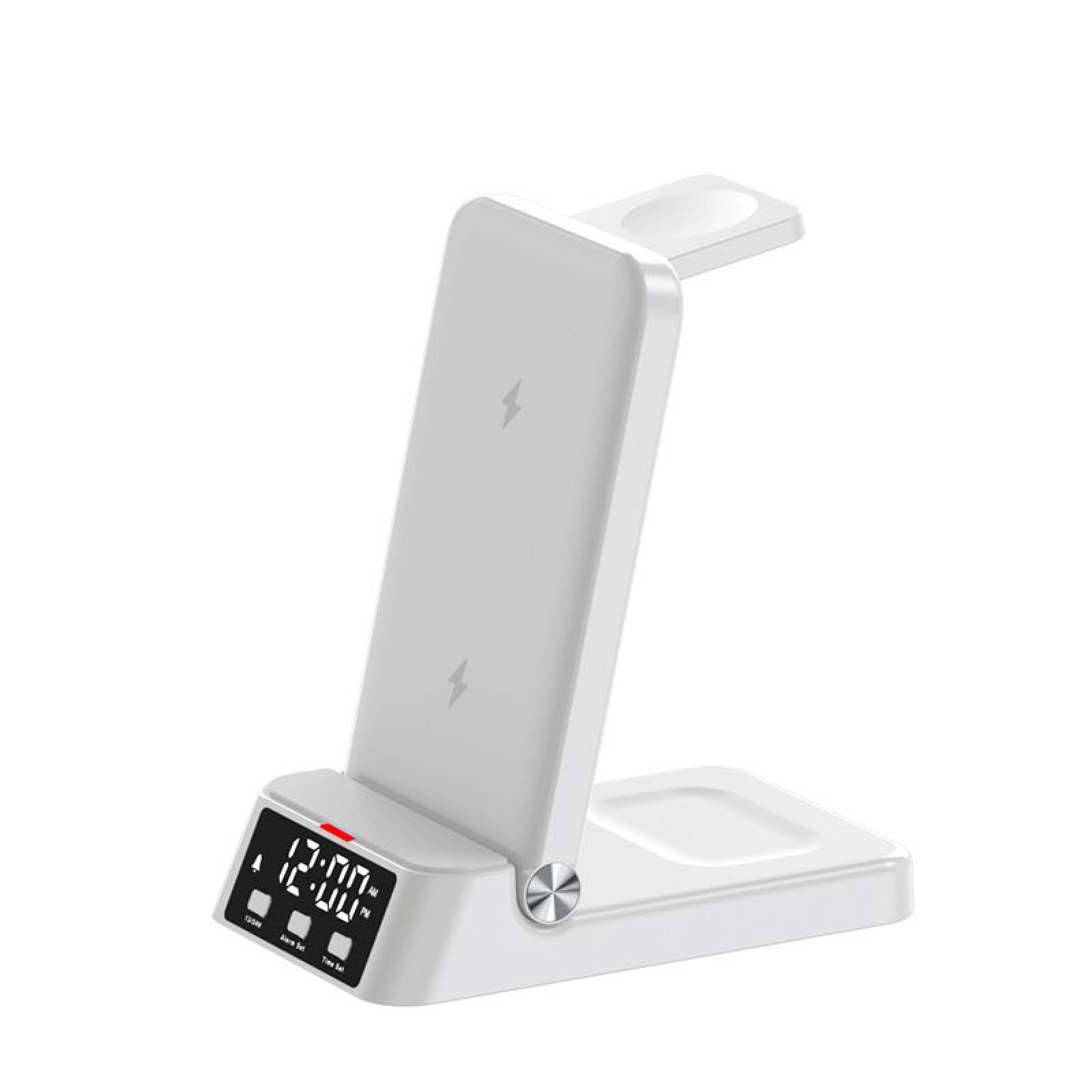 Ein weißer 3-in-1-WLAN-Ladeständer mit integriertem digitalen Wecker an der Basis vor schlichtem Hintergrund.
